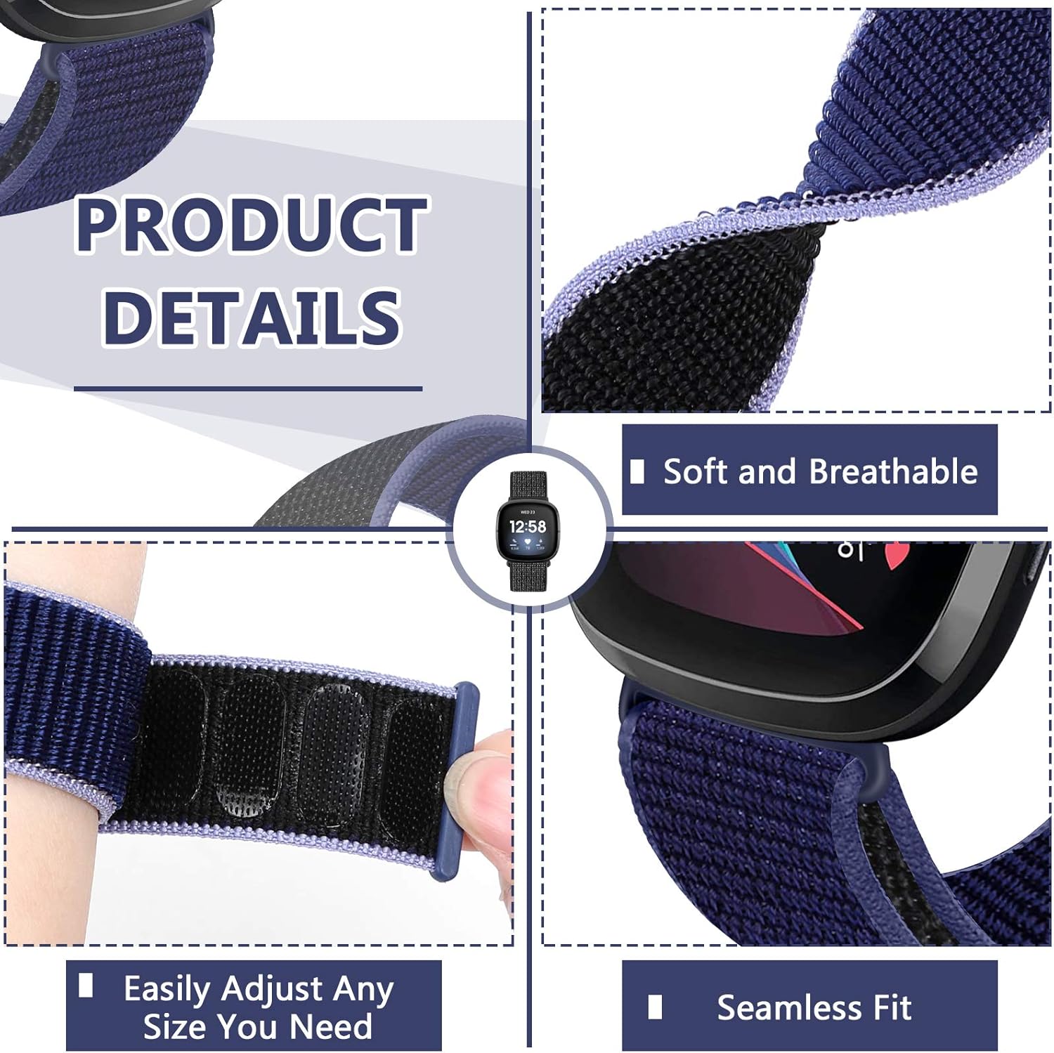 AVOD Correas de nailon compatibles con Fitbit Versa 4Sense 2Versa 3Fitbit Sense, correa de repuesto ajustable deportiva suave transpirable para