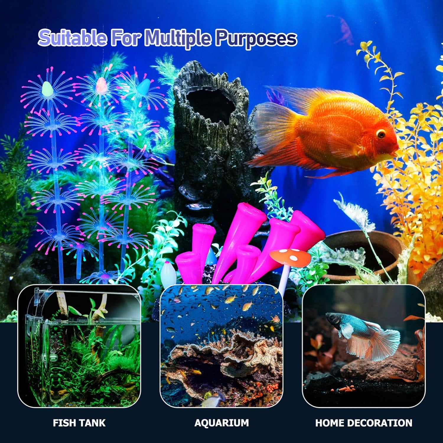 POPETPOP Decoraciones brillantes para pecera, 2 plantas de acuario de simulación de silicona de coral, plantas de acuario, adorno de acuario, planta