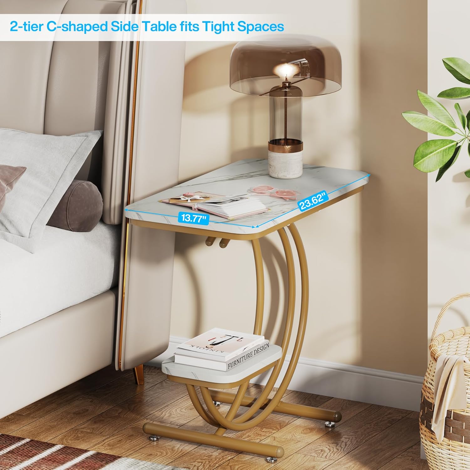 Mesa auxiliar moderna de 2 niveles con mesa de mármol sintético para sala de estar, mesita de noche en forma de C blanca y dorada para dormitorio,