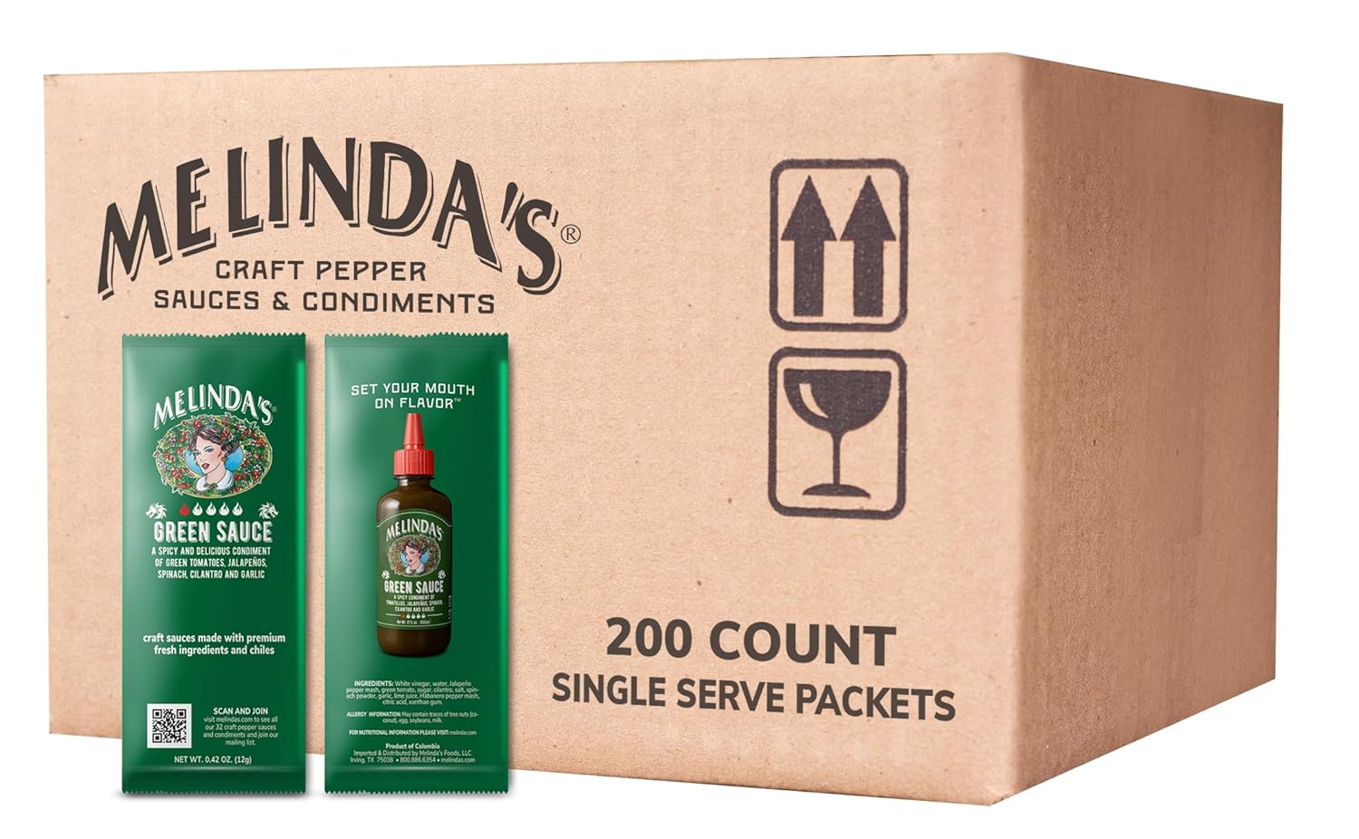 Melinda’s Paquetes de salsa verde  200 unidades (0.42 onzas cada uno)  Paquetes de salsa picante individuales para viajes, fiestas, negocios