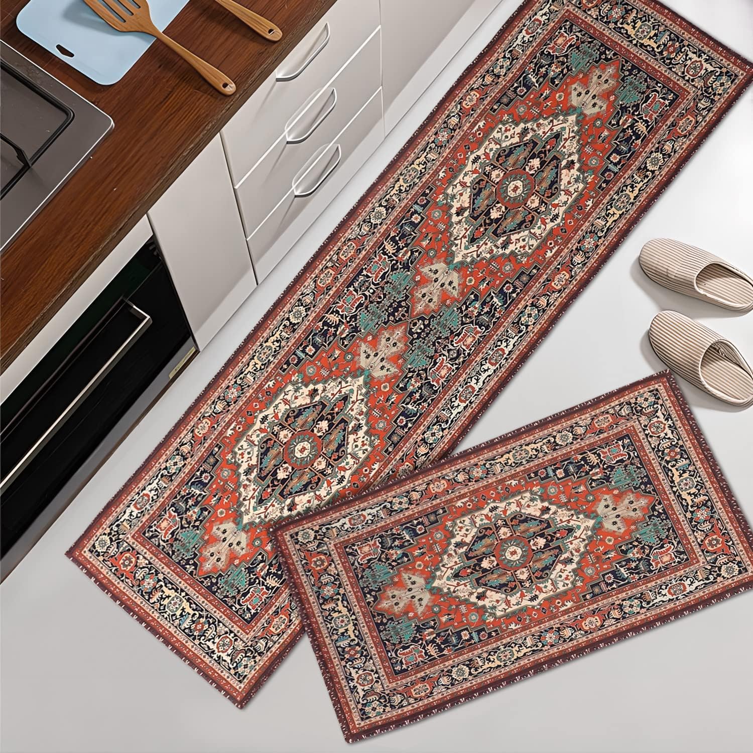 Juego de 2 alfombras persas de cocina, antideslizantes, lavables, para medallón oriental, bohemio, tapetes de cocina para piso, decoración retro