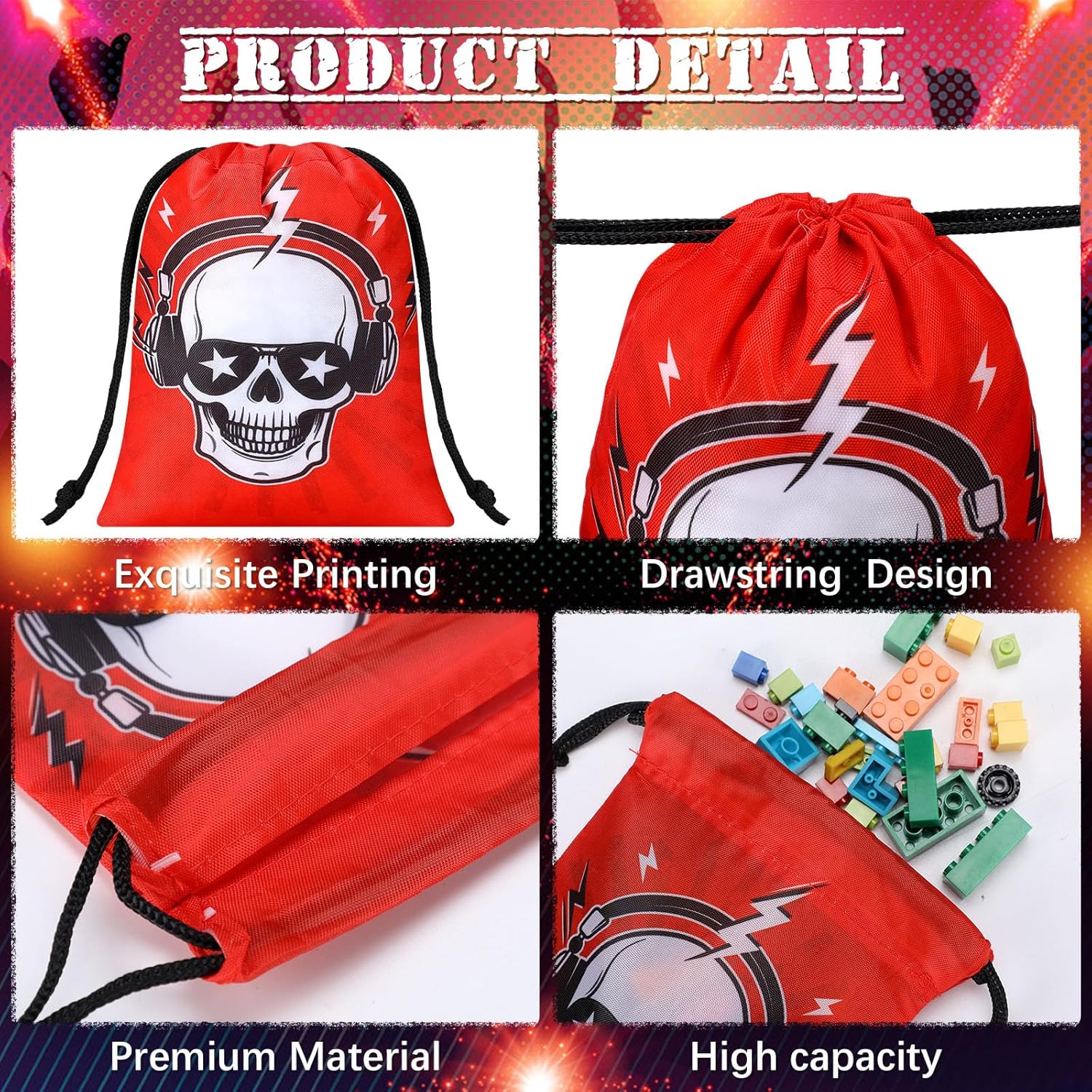 Honoson 24 bolsas con cordón para recuerdos de fiesta de rock and roll, con temática musical, guitarra, caramelos, golosinas, reutilizables, para