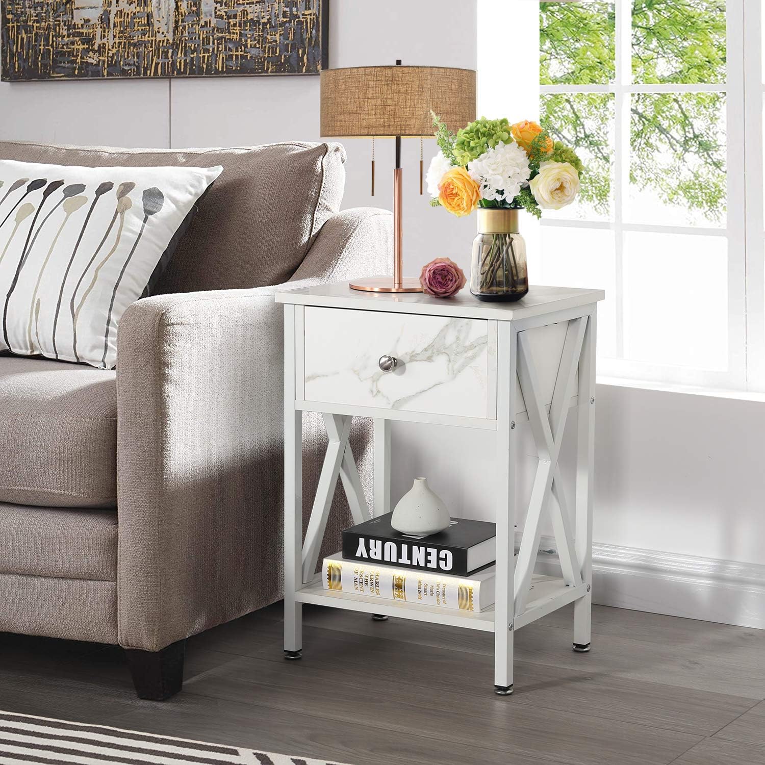 VECELO Mesa lateral con repisas Diseño en X Buró Mesa de noche Mueble versátil para sala de estar o dormitorio