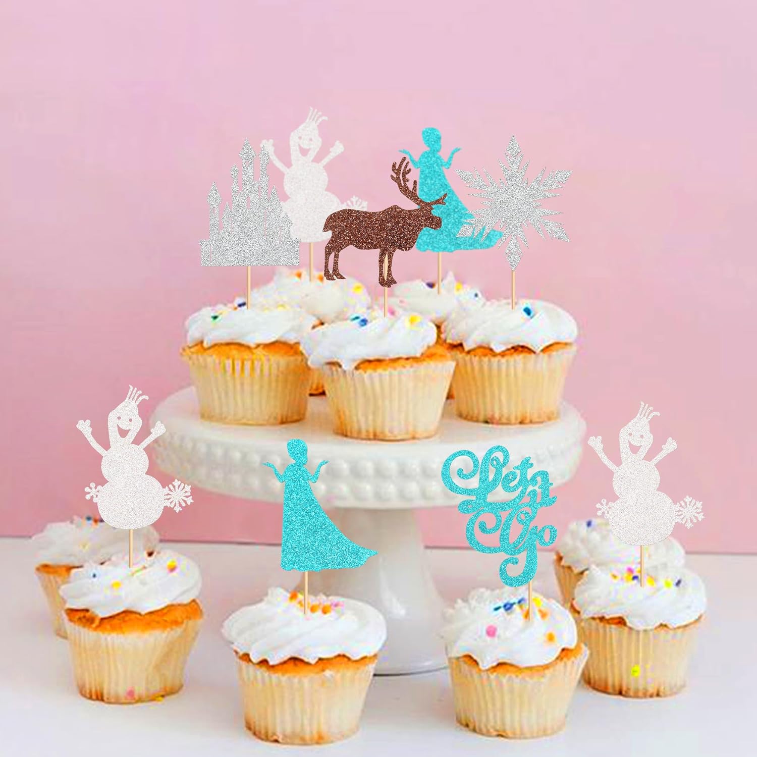 Ercadio Paquete de 24 adornos de copos de nieve para cupcakes con purpurina para invierno, copos de nieve, ciervos, princesas, cupcakes para