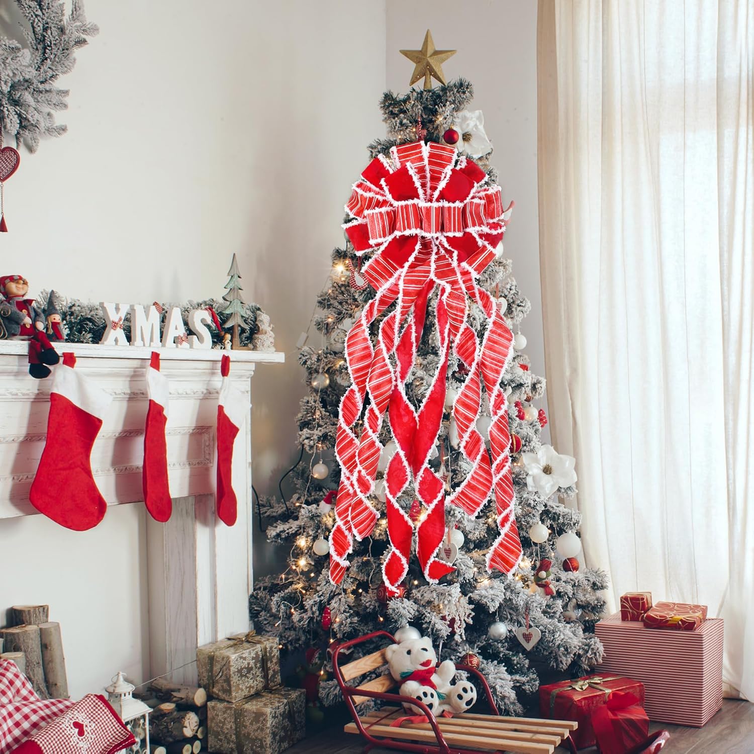 Decoración para árbol de Navidad, lazo grande rojo para árbol de Navidad, arpillera con borde de poliéster blanco, lazo de regalo para adorno de