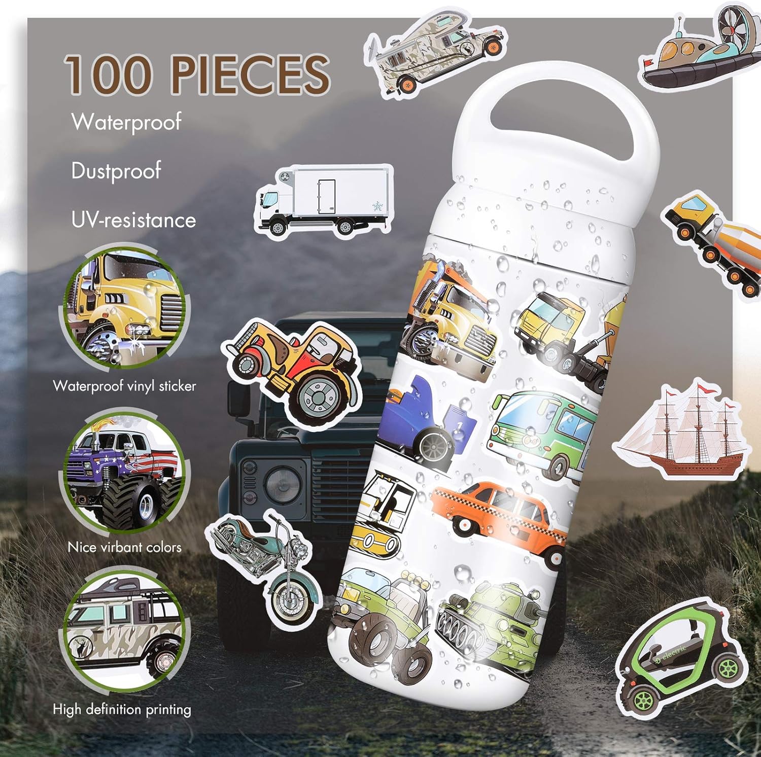 100 calcomanías para camiones y automóviles para botellas de agua, impermeables, estilo vehículo, para transporte, laptop, calcomanías decorativas