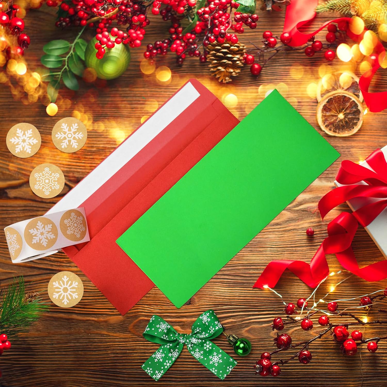 100 sobres con el número 10, sobres para tarjetas de regalo con 200 calcomanías de copos de nieve de papel de estraza de Navidad, calcomanías para