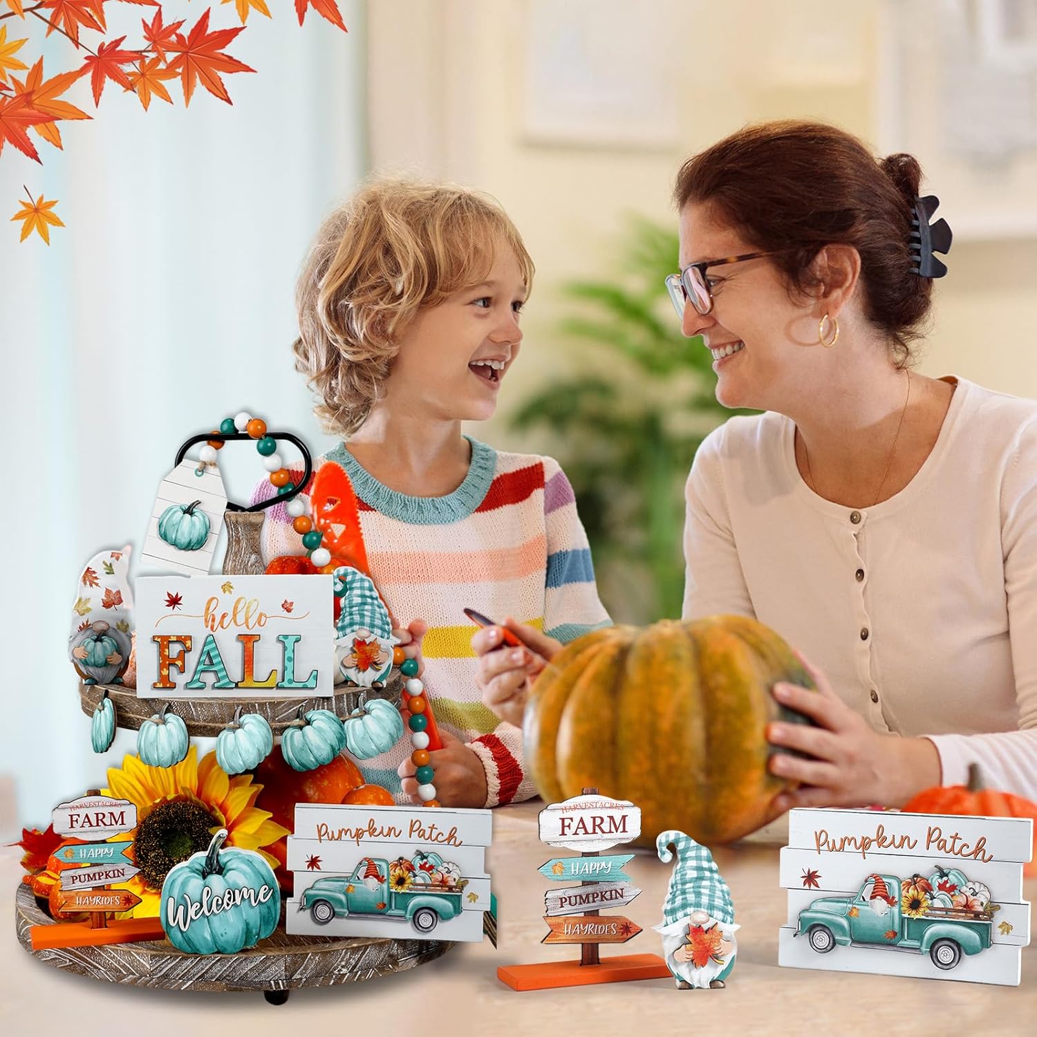 Soaoo Juego de 12 piezas de decoración de bandejas escalonadas de madera con texto en inglés “Hello Fall Pumpkin Gnomo”, letreros para otoño,