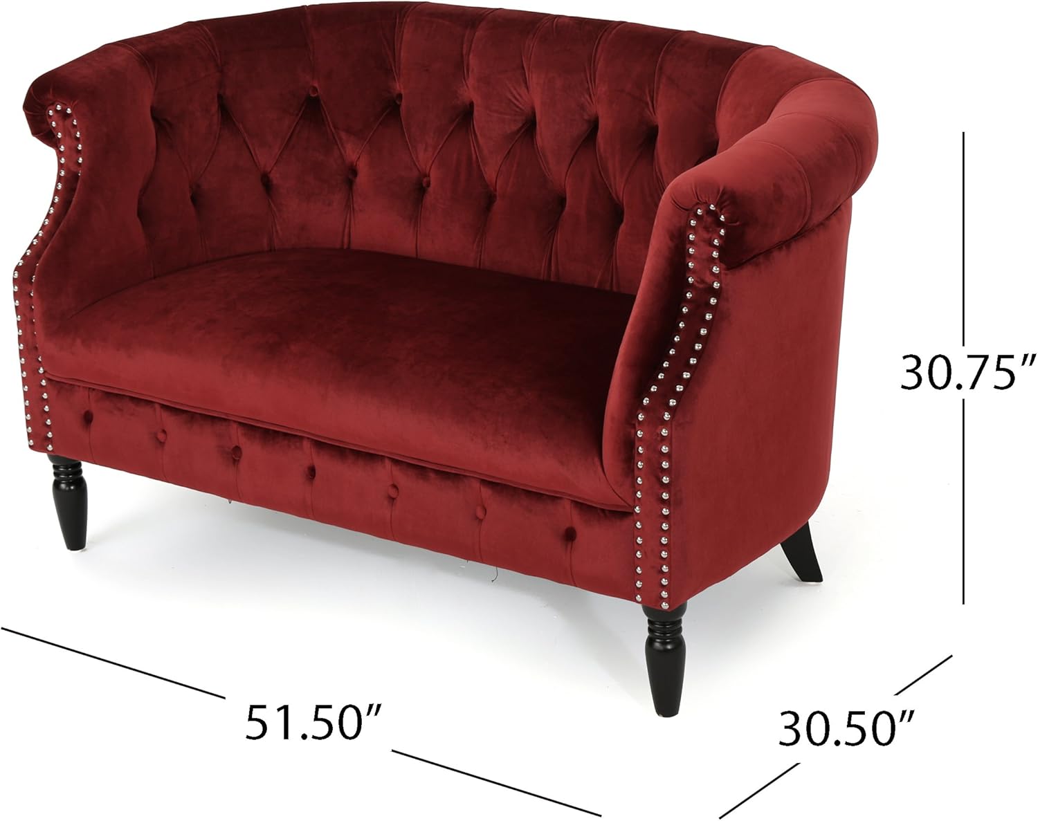 Great Deal Furniture Melaina – Sofá de dos plazas de terciopelo Chesterfield con brazos enrollados, granate y marrón oscuro
