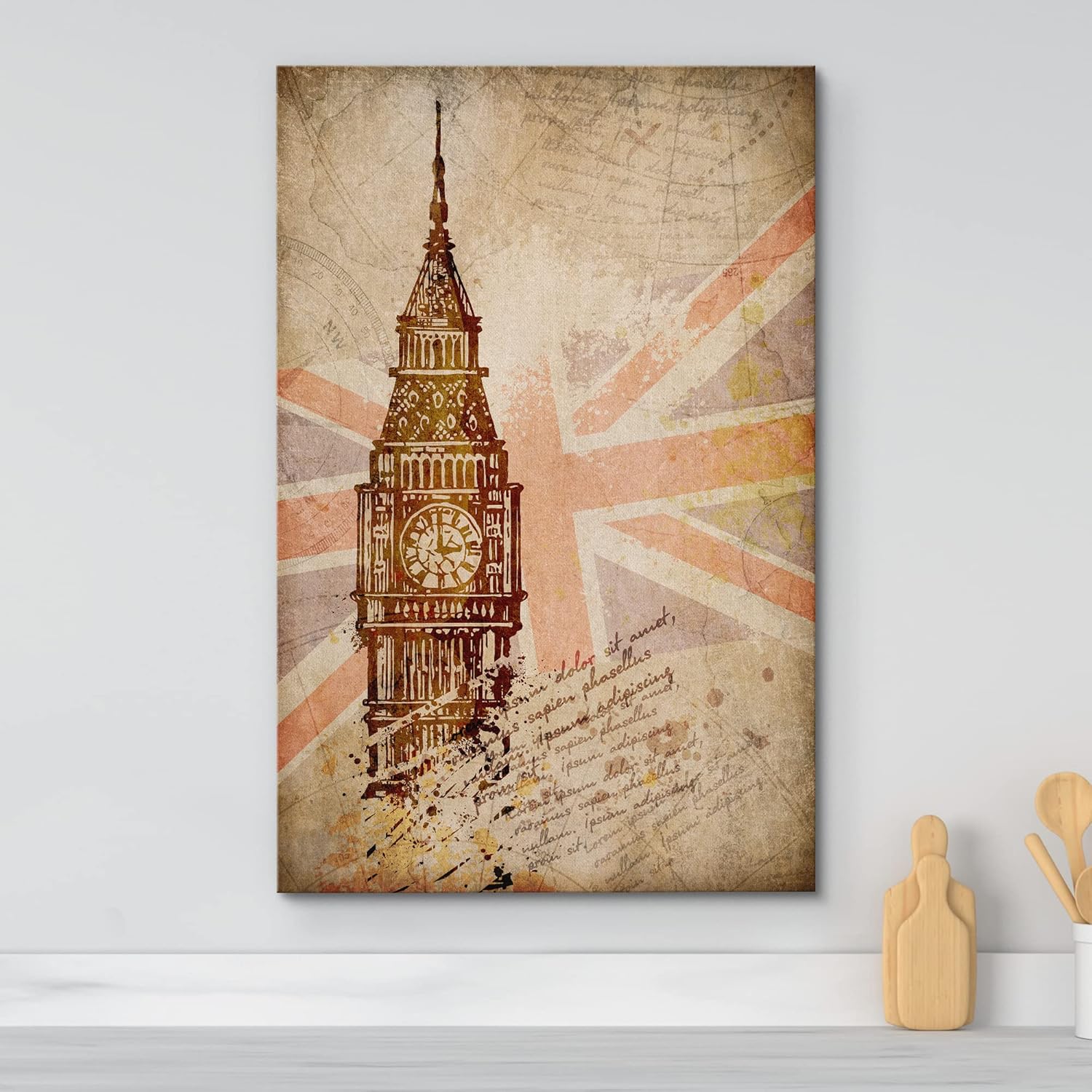 wall26 Lienzo impreso para pared, diseño retro, vintage, bandera de Union Jack, arquitectura y mapas del Big Ben, arte digital, arte moderno,