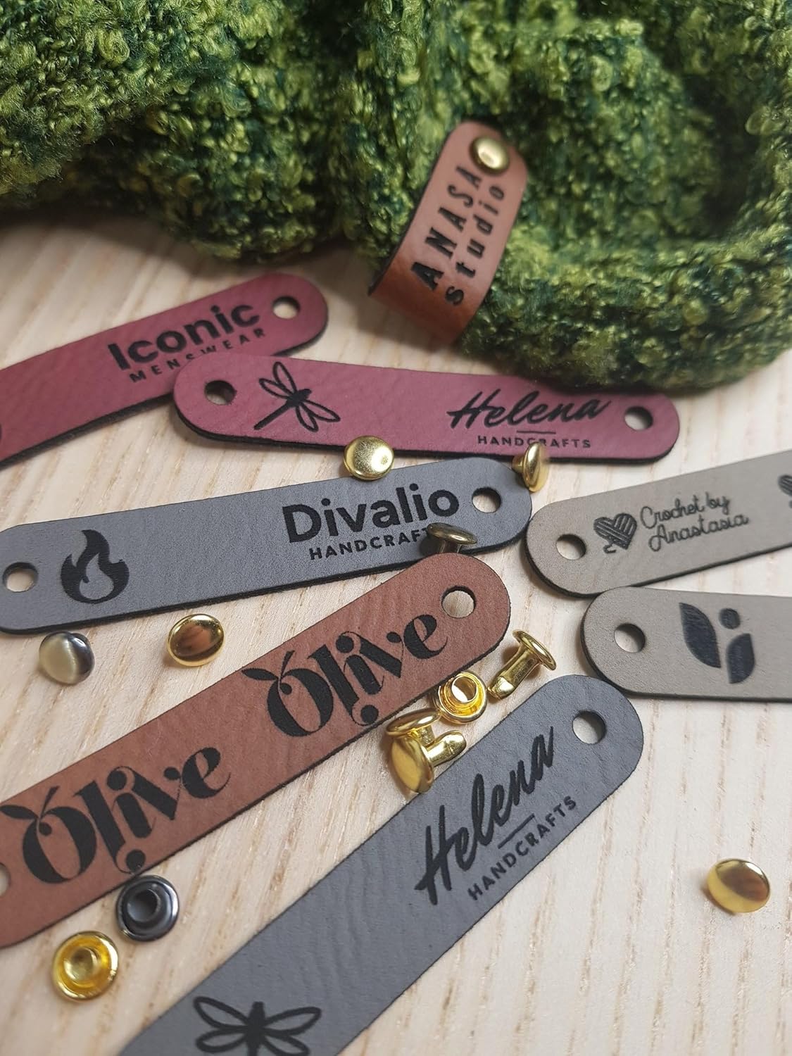 Customized 2.5 x 0.5 in Faux Leather Product Tags With Rivets Personalized Tags for Knitting and Crochet, Cute Labels Handmade Perfect for Hats