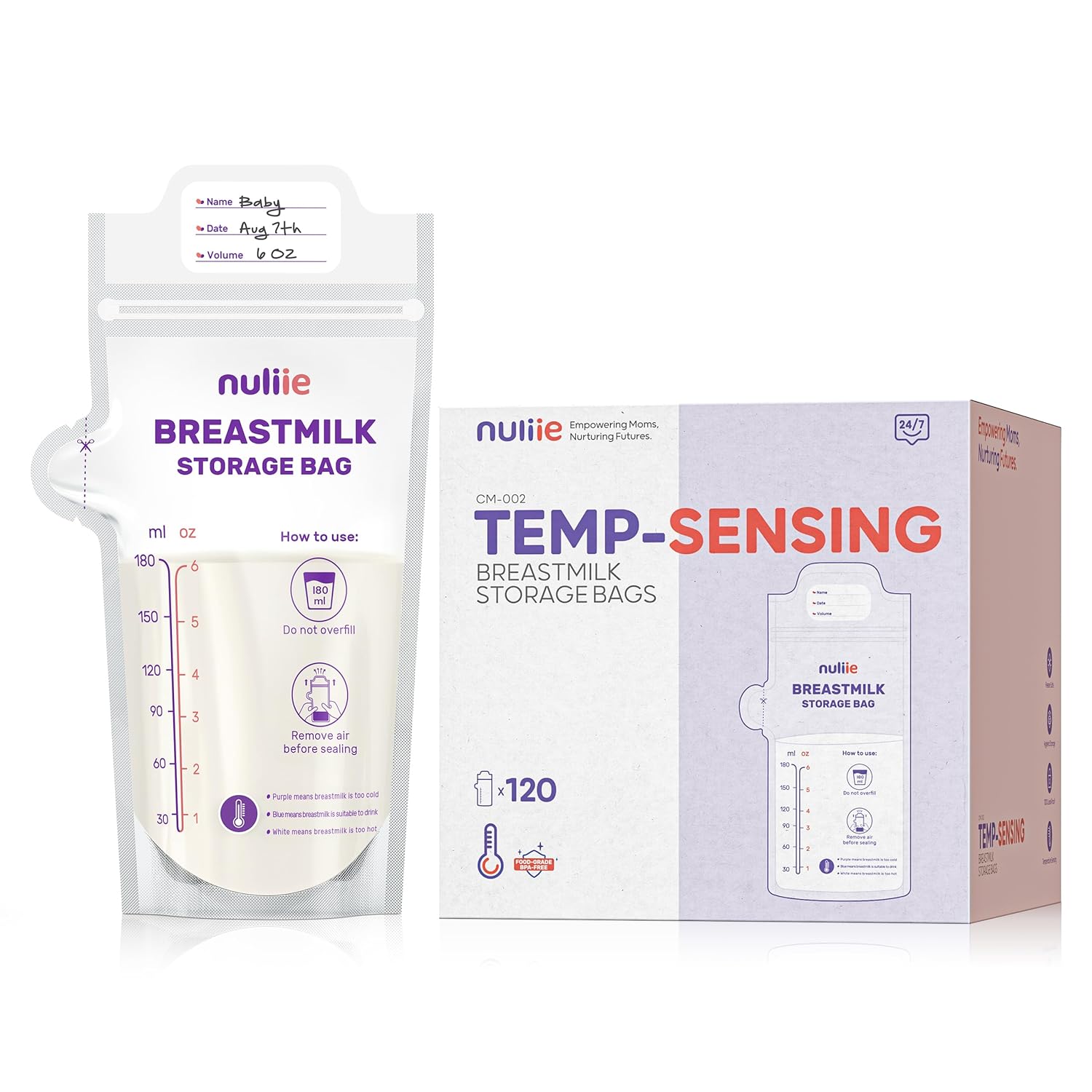 Nuliie 120 bolsas de almacenamiento de leche materna con detección de temperatura, sin fugas, sin BPA con boquilla fácil de verter, 6 onzas