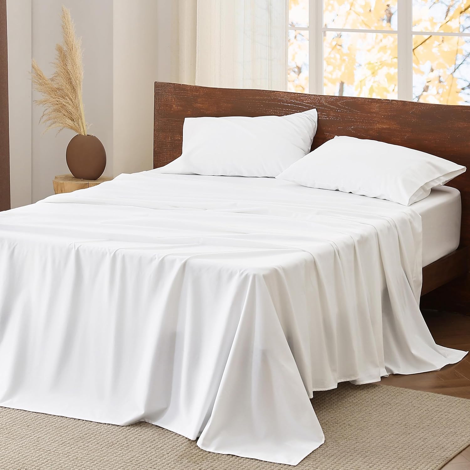 Bedsure Sábanas de franela cepillada tamaño Queen, sábanas 100% algodón para cama tamaño Queen, sábanas blancas extra suaves, sábanas cálidas con