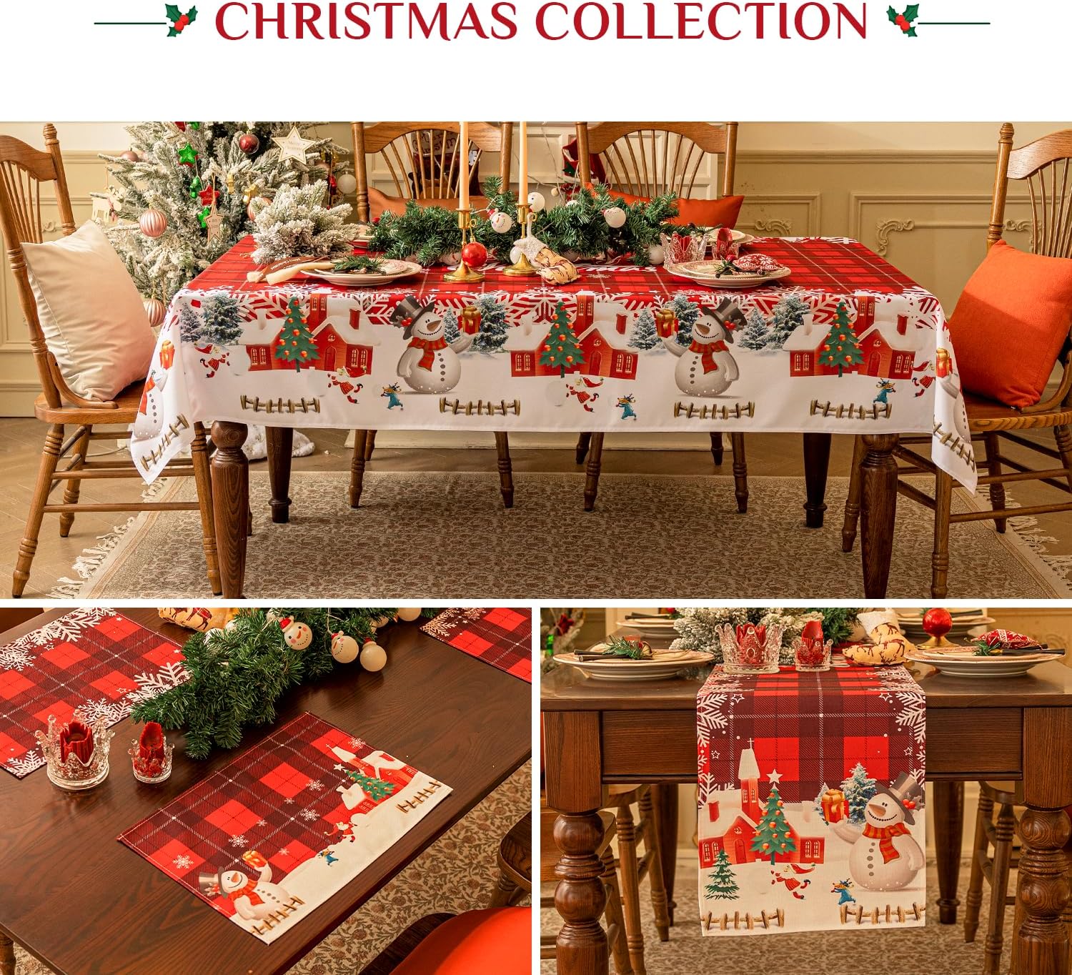 Softalker Mantel rectangular de Navidad  Mantel de poliéster lavable a cuadros rojos con diseño de copo de nieve y copo de nieve para comedor,