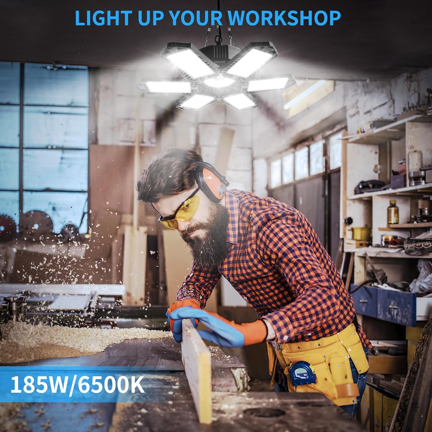 Paquete de 4 luces de garaje enchufables, 185 W, 18500 lúmenes, luz LED de tienda conectable, 6500 K, luces de techo LED con 6 paneles deformables