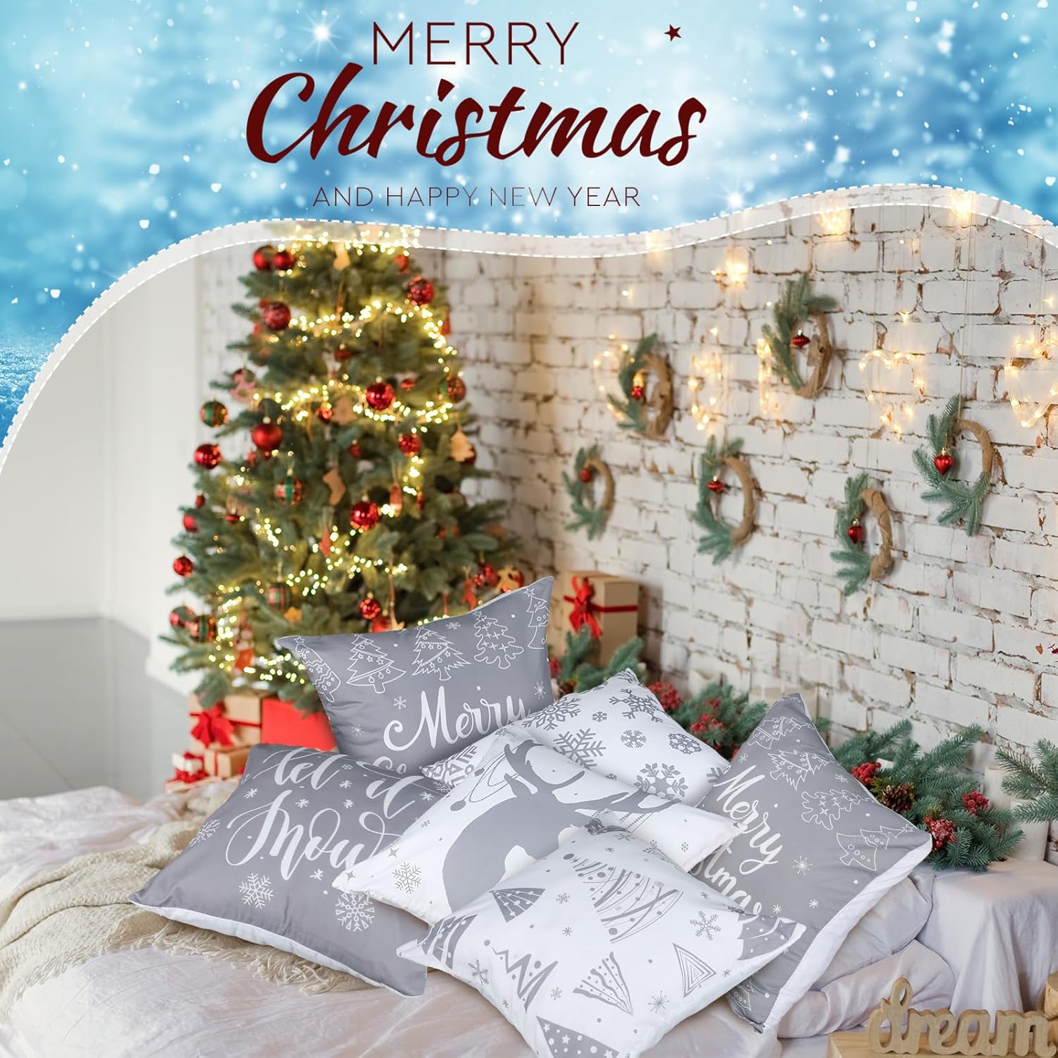 6 fundas de almohada de Navidad de 18 x 18 pulgadas, fundas de almohada de Navidad, fundas de almohada de invierno con copos de nieve, decoración