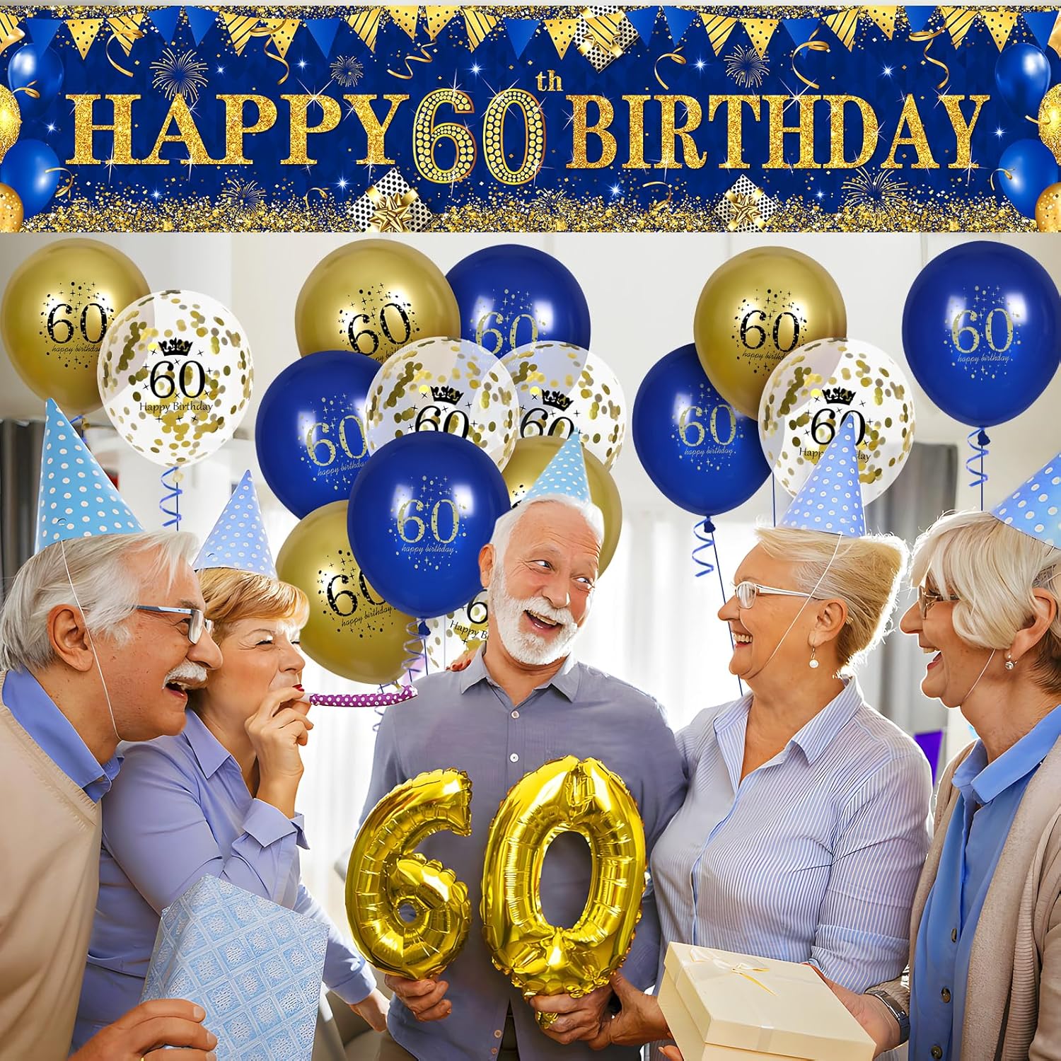 Globos de decoración de cumpleaños n. 60 en color azul dorado para hombres y mujeres, azul marino y dorado para fiesta de cumpleaños n. 60, pancarta