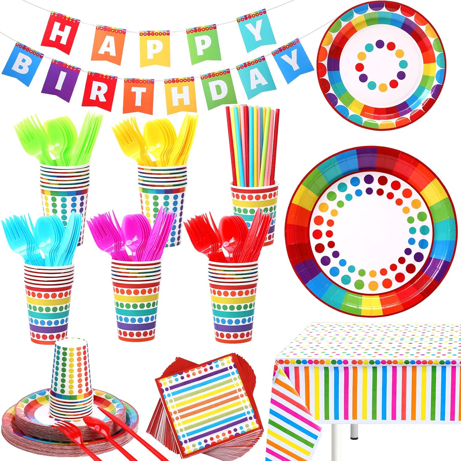 258 piezas de suministros de fiesta de arco iris, incluye 32 platos de postre de 7 pulgadas, 32 platos llanos de 9 pulgadas, 32 servilletas, 32
