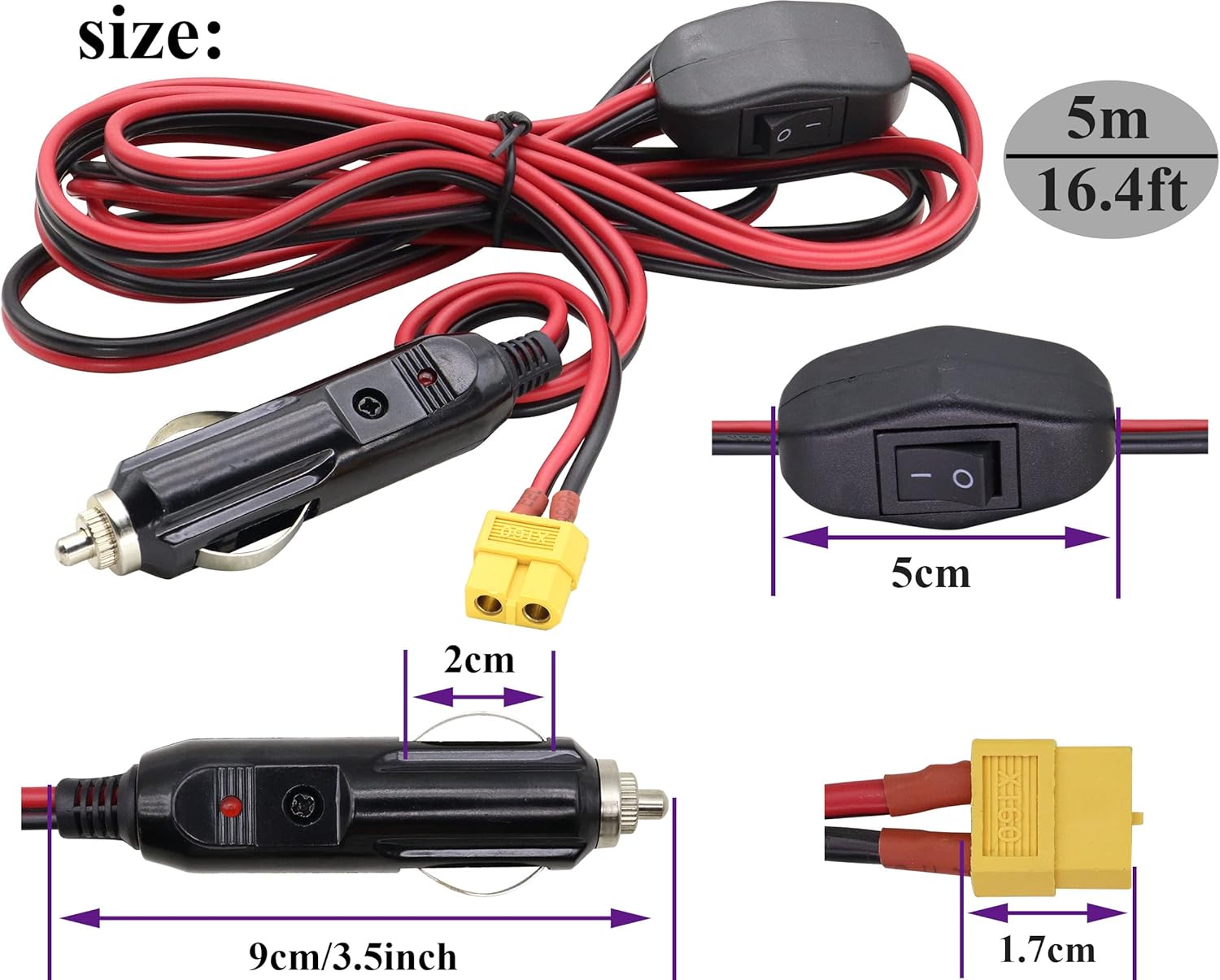 AOTOKK – Cable adaptador XT60 para encendedor de cigarrillos, 16 AWG XT60 hembra a encendedor de cigarrillos, cable de carga macho para dispositivo