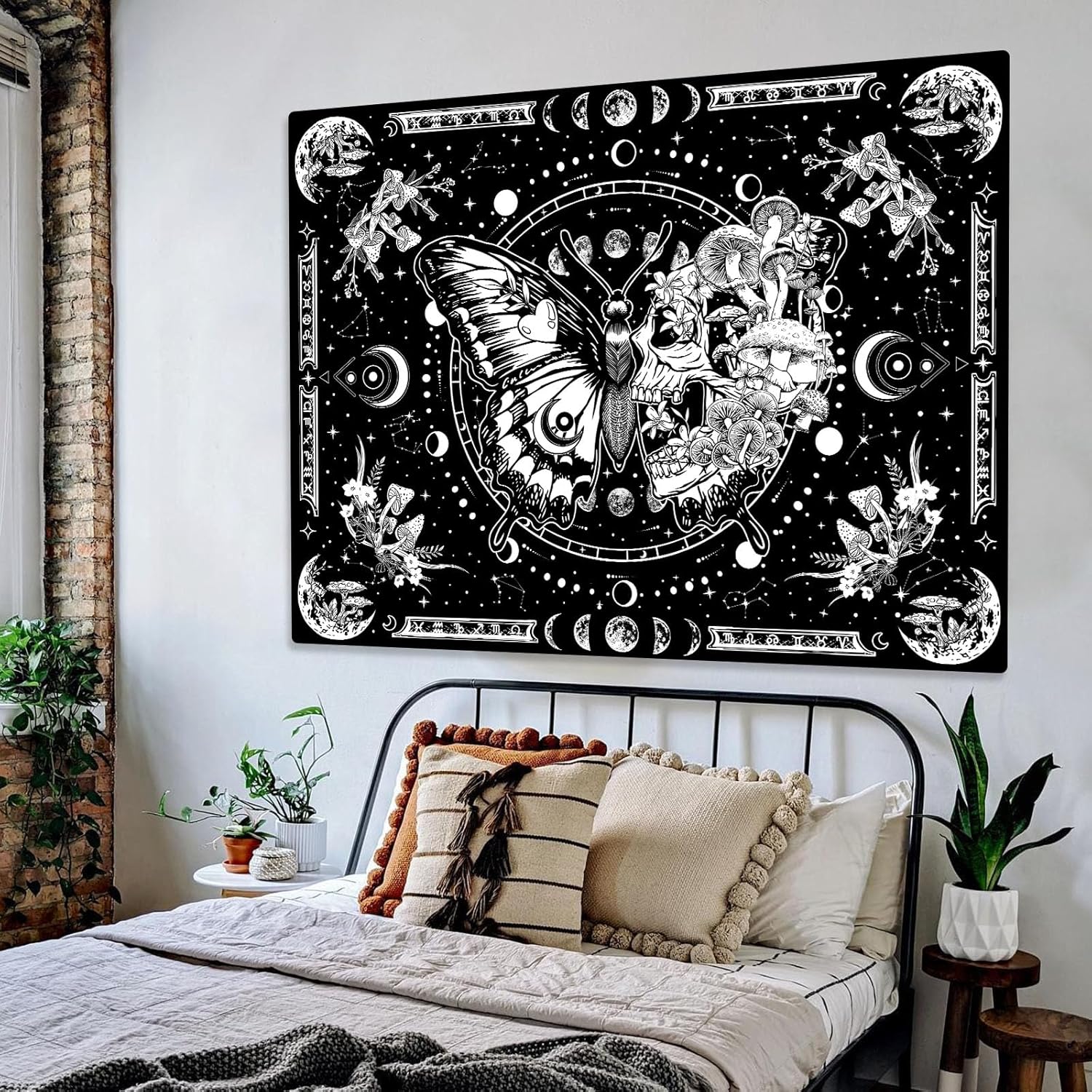 Tapiz de esqueleto y mariposa, diseño de calavera en blanco y negro, diseño de hongos, tapiz estético hippie para colgar en la pared para