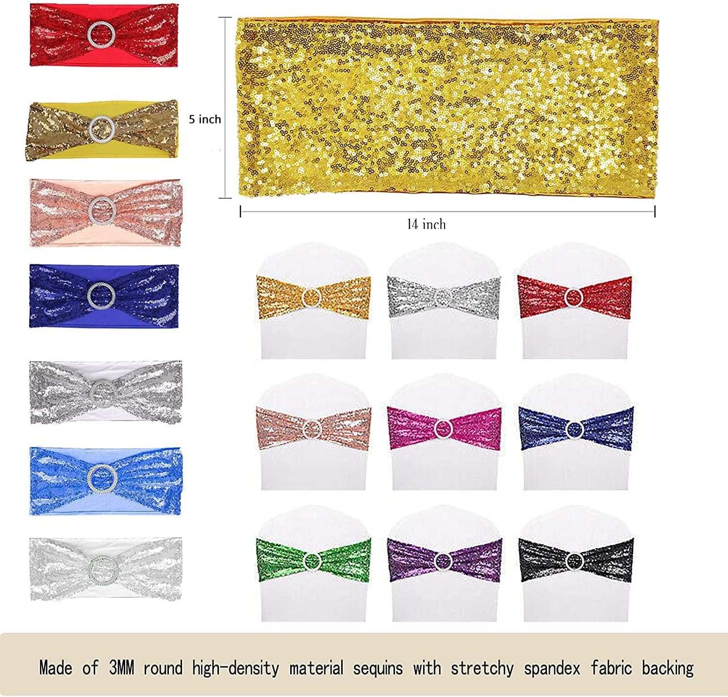 Fajas de lentejuelas para sillas de elastano, paquete de 6 bandas elásticas de lentejuelas con hebilla para bodas, banquetes, cumpleaños,