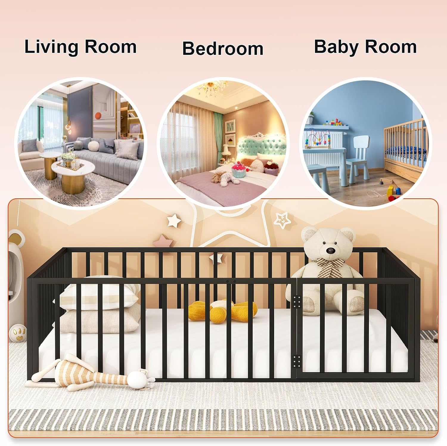 Cama de suelo de metal Queen, marco de metal resistente con valla y puerta, ideal para transición Montessori