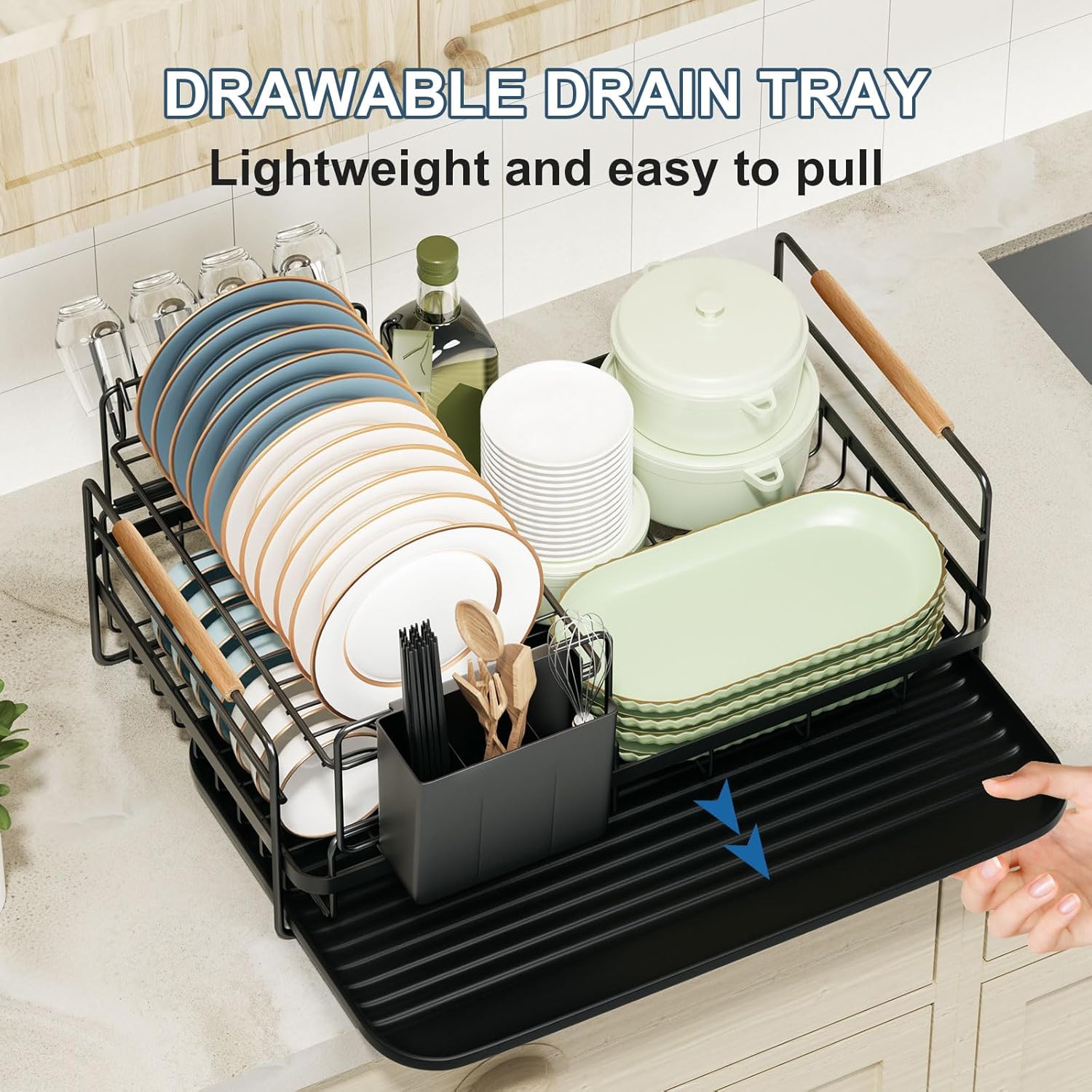Escurridor de platos duradero de 2 niveles desmontable para encimera de cocina con soporte para cuchillos y portavasos, mango de madera,