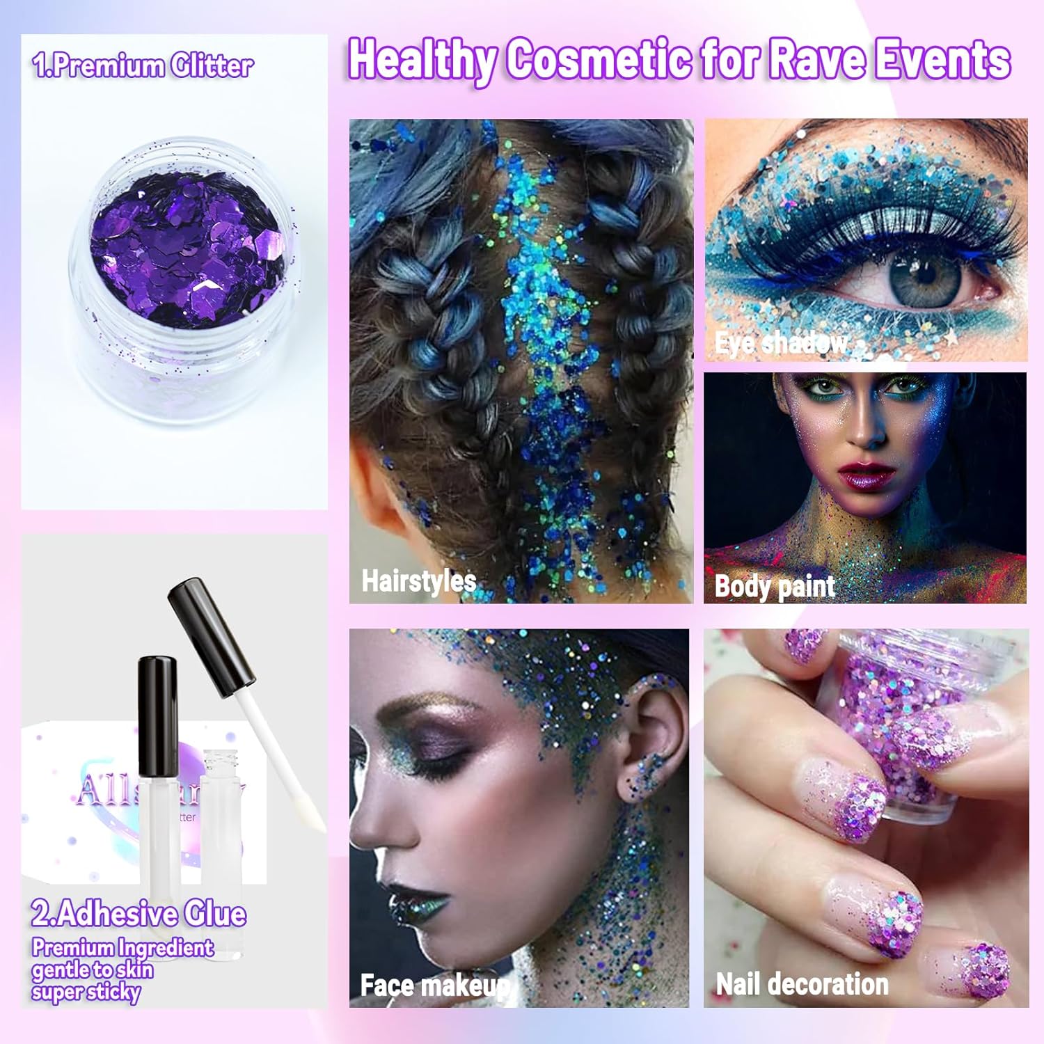 Allstarry Purpurina holográfica gruesa para el cuerpo, 4 colores, maquillaje cosmético con purpurina para la cara, lentejuelas de sirena, pintura