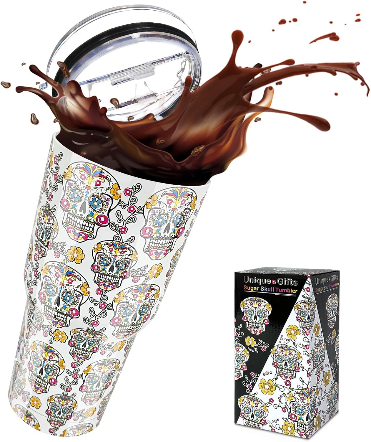 Tumbler with Lid, Double Wall Vacuum Insulated Reusable Coffee Travel Mug Keeps Drinks HotCold, Skull Tumblers Cup for Sport Camping Driving Unique