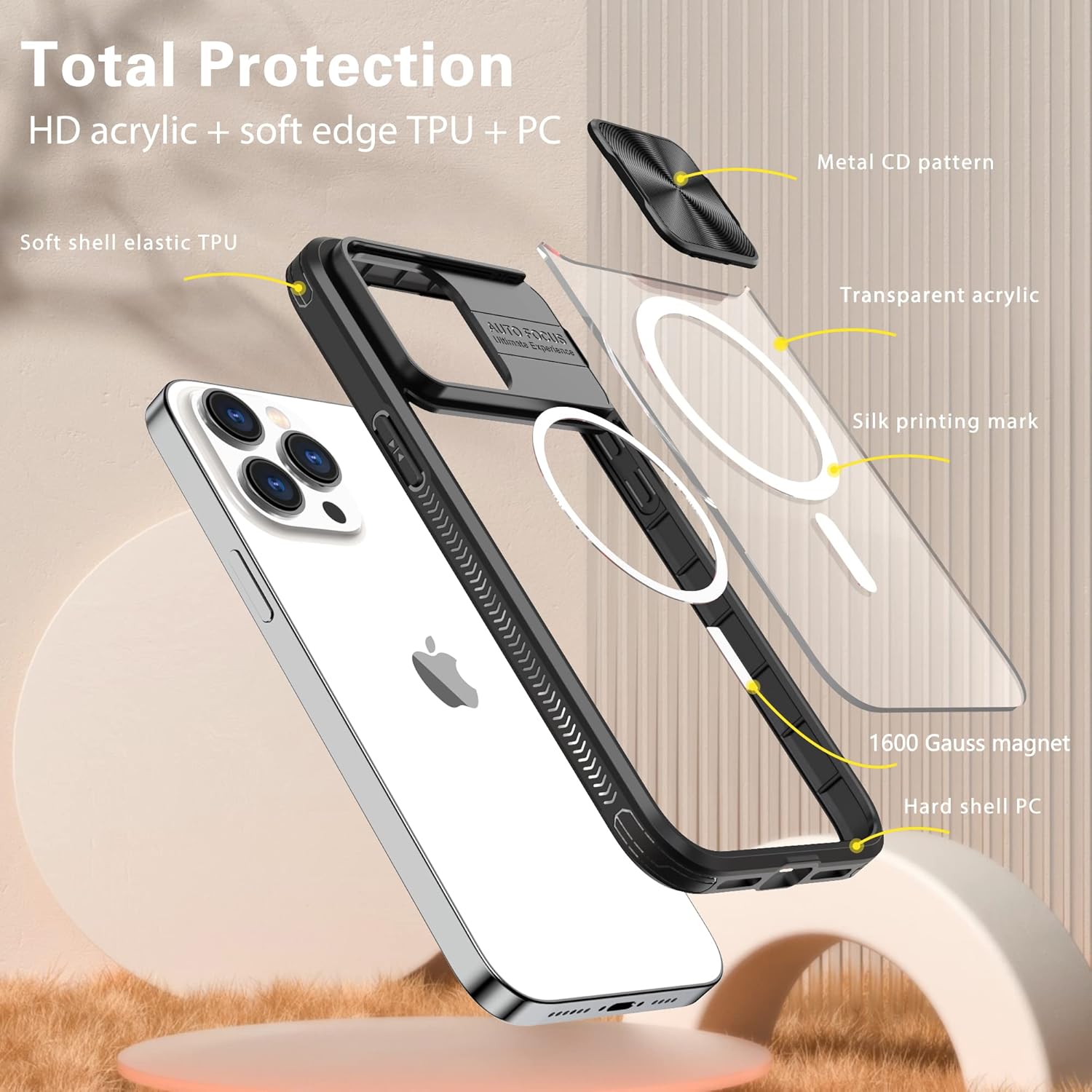 Tcaraersing Funda transparente para iPhone 15 Pro con cubierta de lente de cámara deslizante, compatible con MagSafe, antideslizante, delgada,