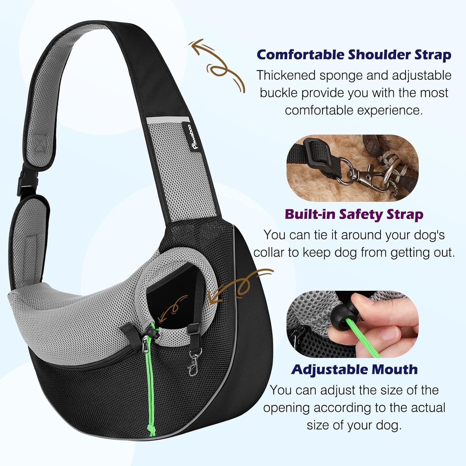 Pawaboo Bolsa transportadora para perros con cordón para mascotas, con cordón para manos libres, con correa ajustable, bolsa de malla transpirable