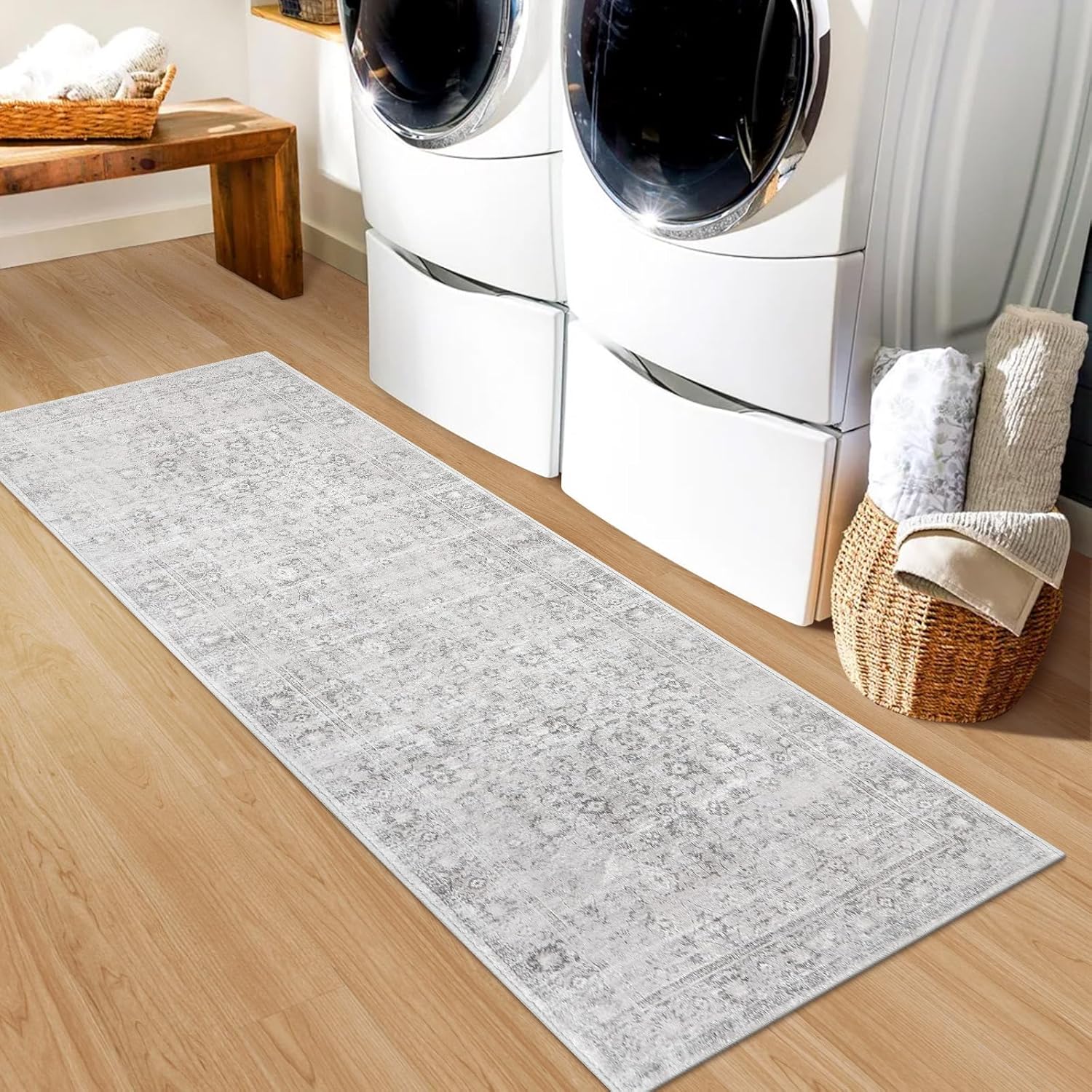 LIVEBOX Alfombra de pasillo lavable de 2 x 6 pies, alfombra de cocina bohemia larga para entrada, alfombra gris vintage de pelo bajo para