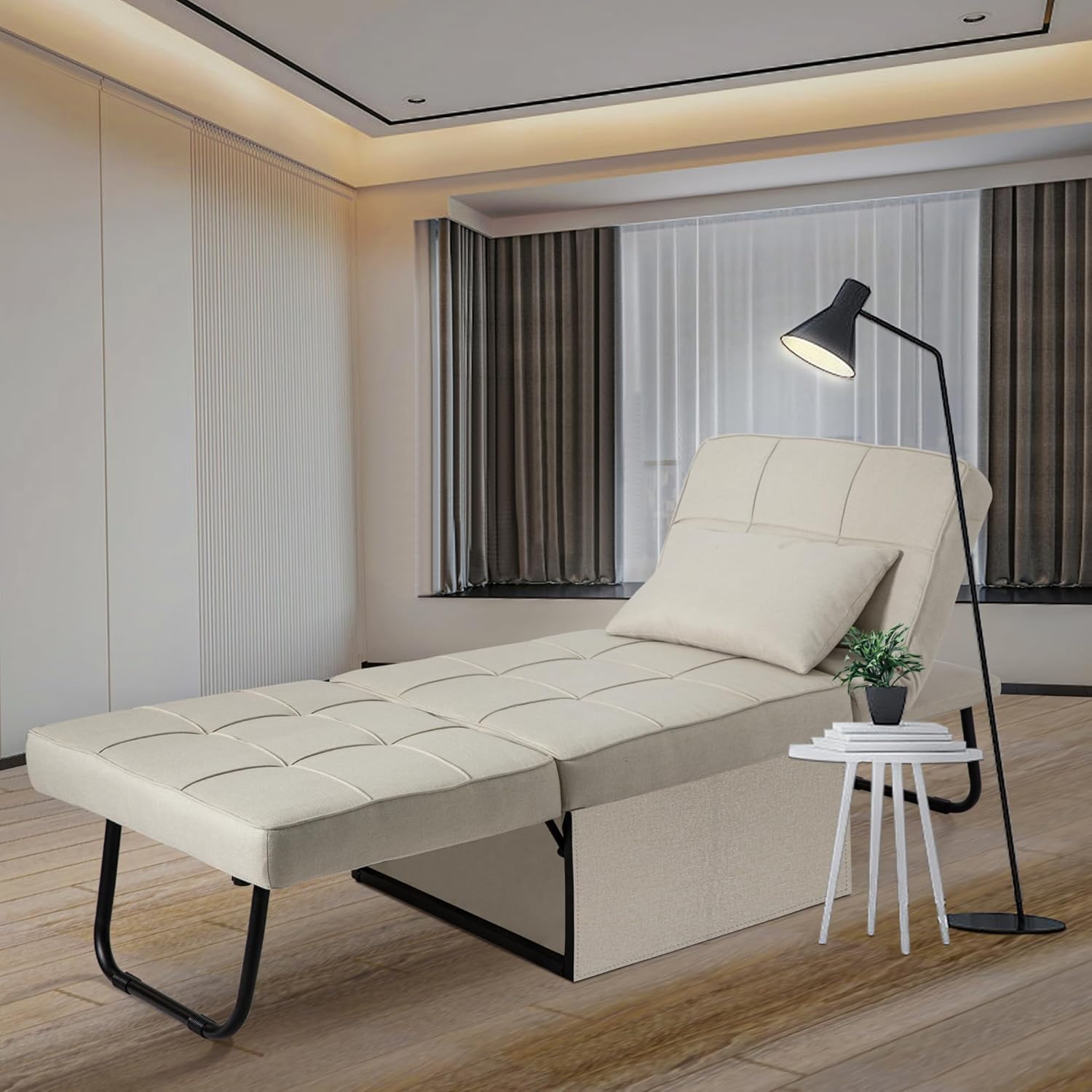 Sofá cama plegable, otomana convertible multifunción 4 en 1, silla de sofá sin montaje con respaldo y almohada ajustables, color beige