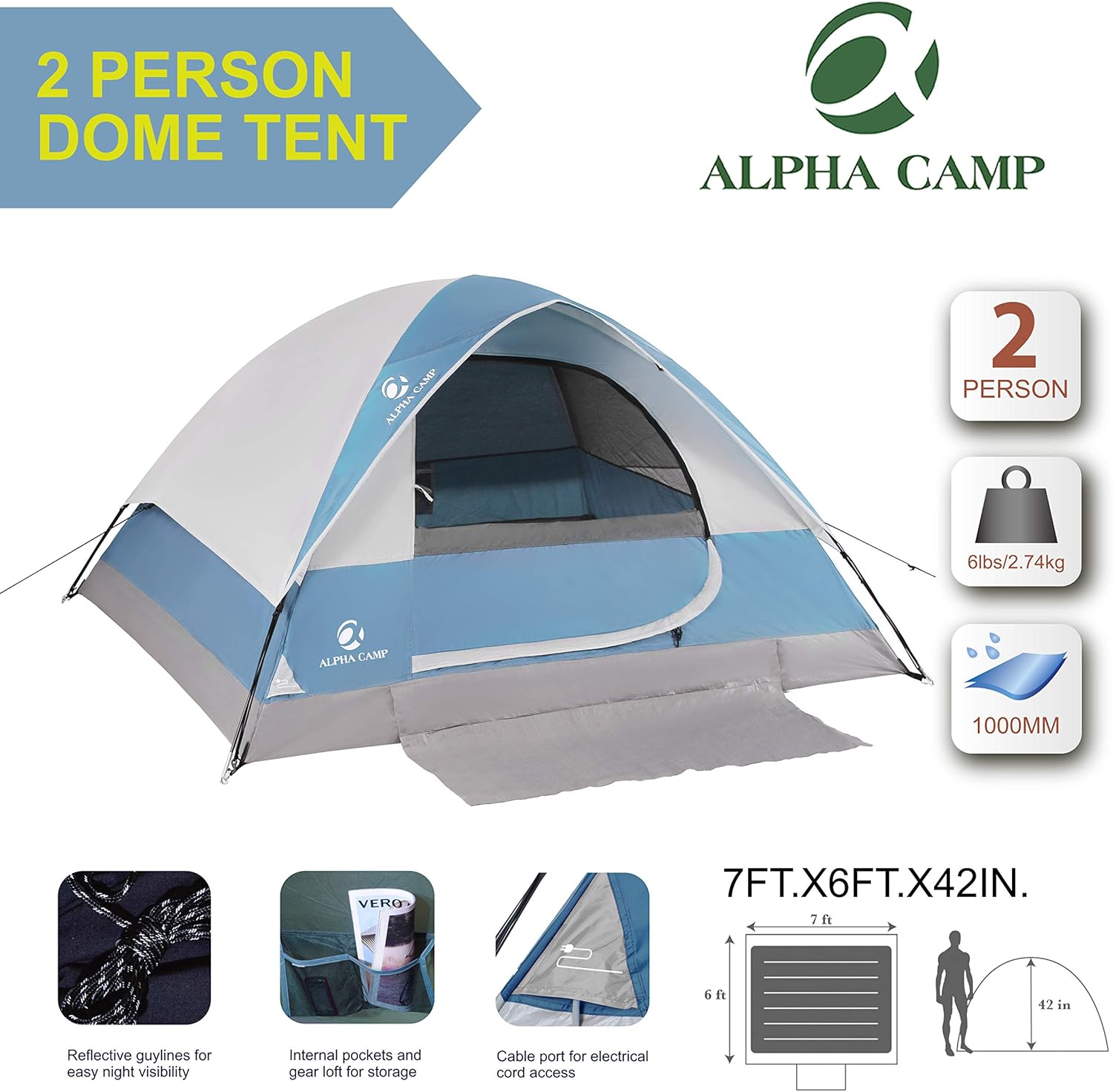 ALPHA CAMP tienda de campaña para 2 o 3personas, con bolsa de transporte, ligera, resistente al agua, portátil, para campamento o senderismo