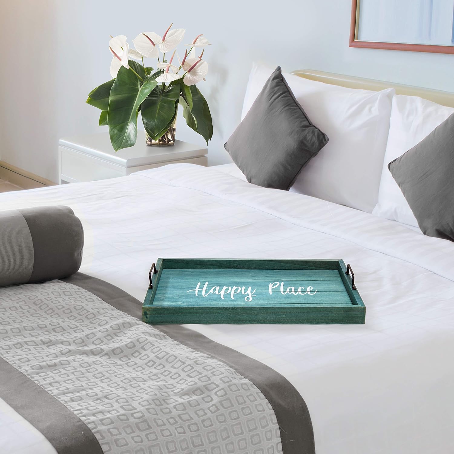 Elegant Designs HG2000-BHP – Bandeja decorativa de madera con asas, 15.50 x 12 pulgadas, color azul lavado Happy Place