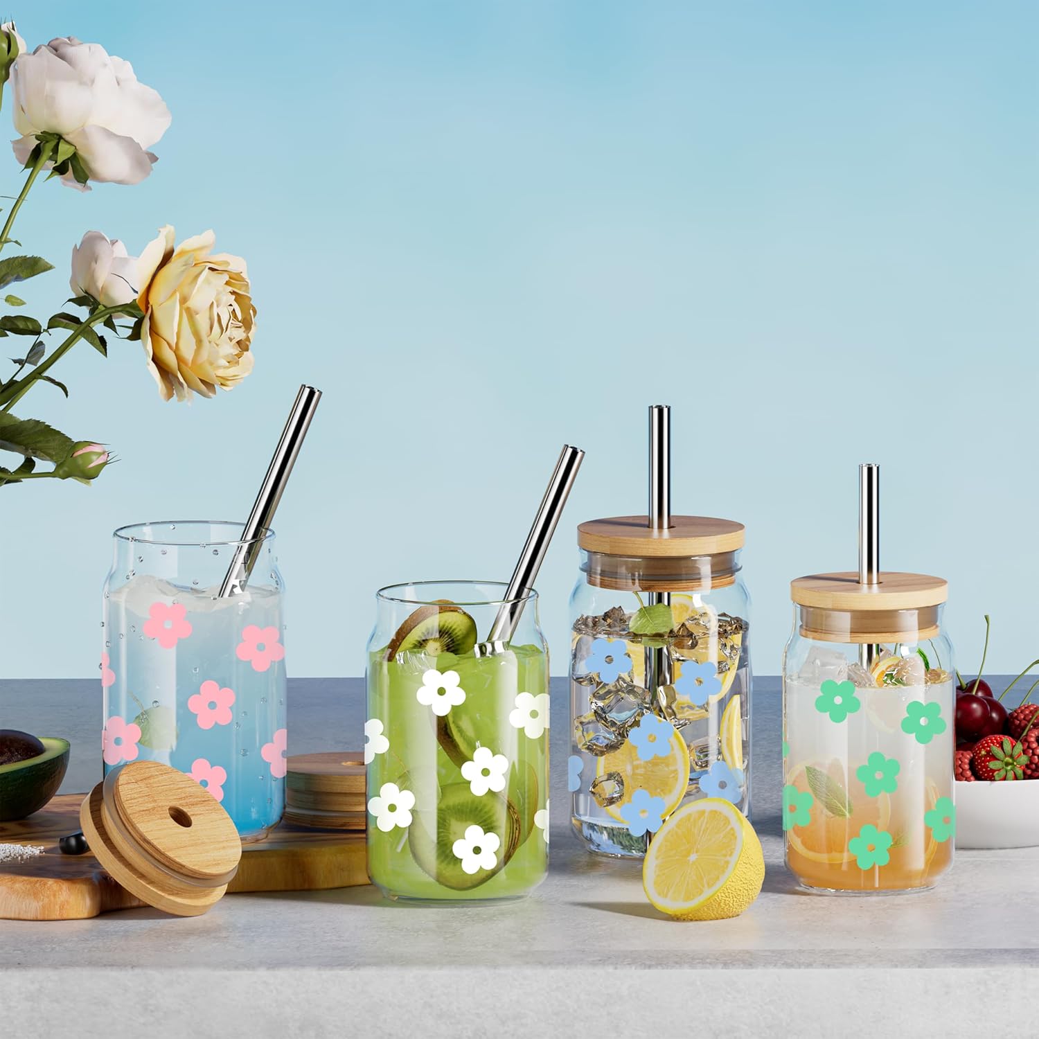 Lindas tazas de vidrio con tapas y pajitas con diseño, vaso con forma de lata floral retro, vasos estéticos para café helado, vaso de vidrio
