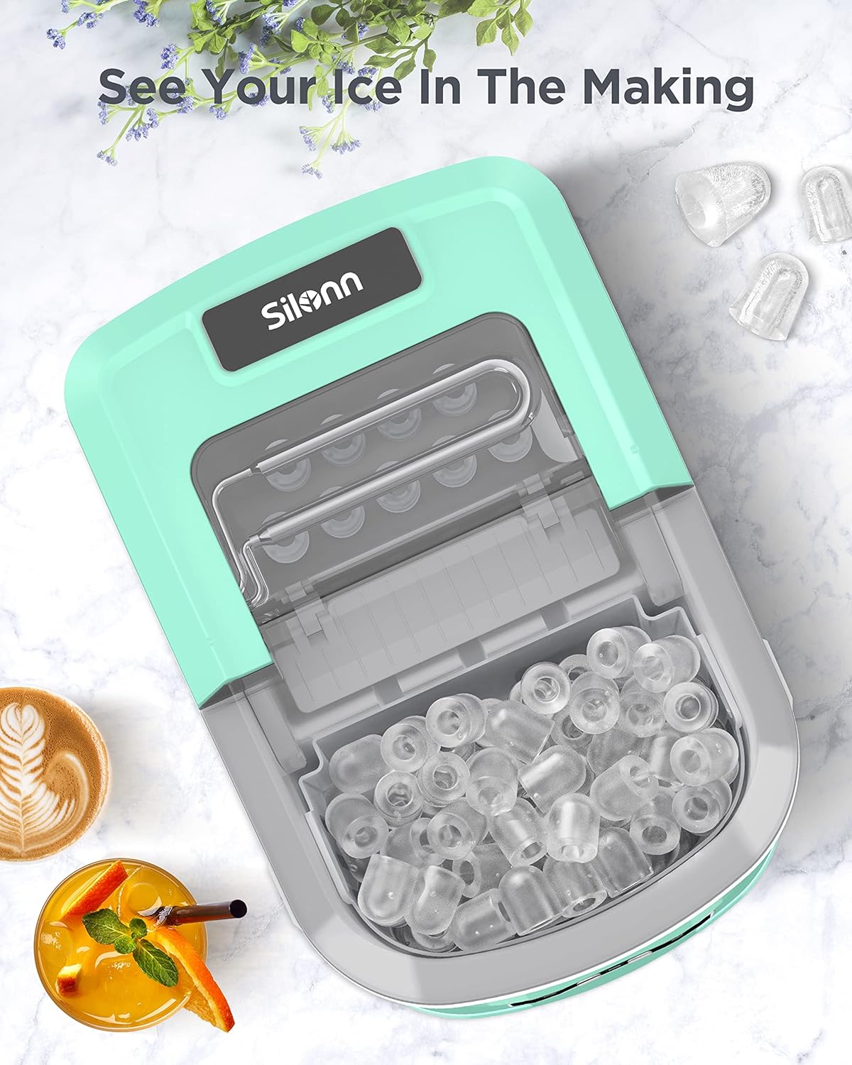 Silonn Máquina para hacer hielo, 26 libras en 24 horas, 9 cubos listos en 6 minutos, máquina de hielo autolimpiable, máquina de hielo portátil