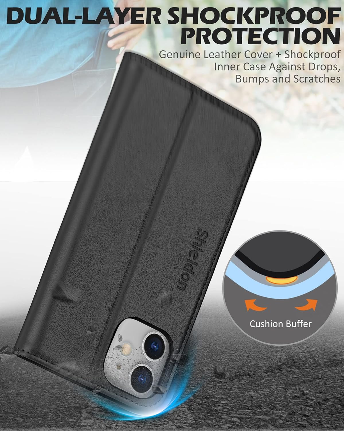 SHIELDON – Funda para iPhone 1212 Pro, cuero genuino, cubierta magnética, tarjetero con bloqueo RFID, kickstand, funda protectora a prueba de