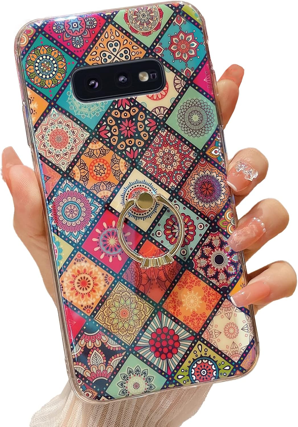 Funda para Samsung S10E (no S10), a prueba de golpes, funda de protección para adolescentes y mujeres con bonito anillo dorado soporte de flor