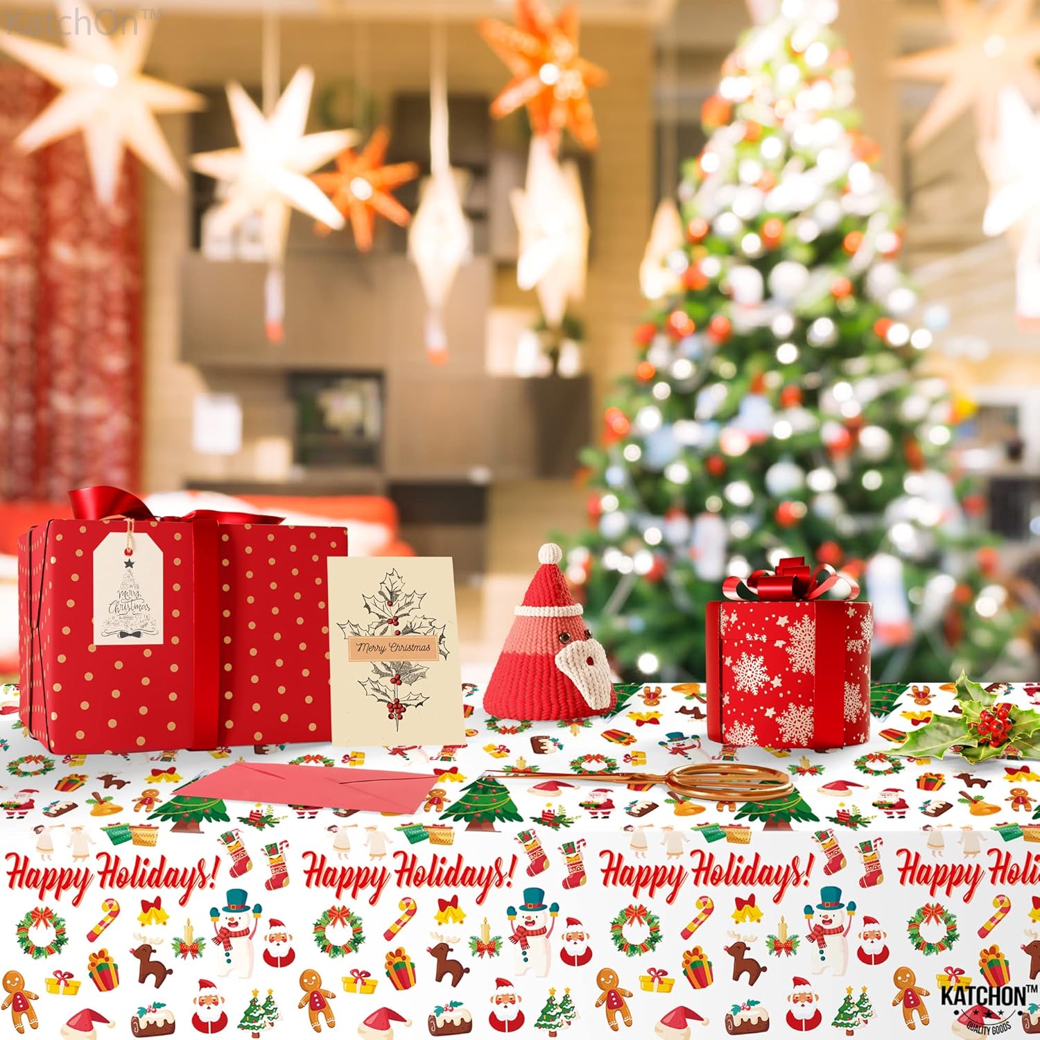 KatchOn, XtraLarge – Mantel de plástico con texto en inglés Happy Holiday  3 piezas, 108 x 54 pulgadas, mantel desechable de Navidad para decoración