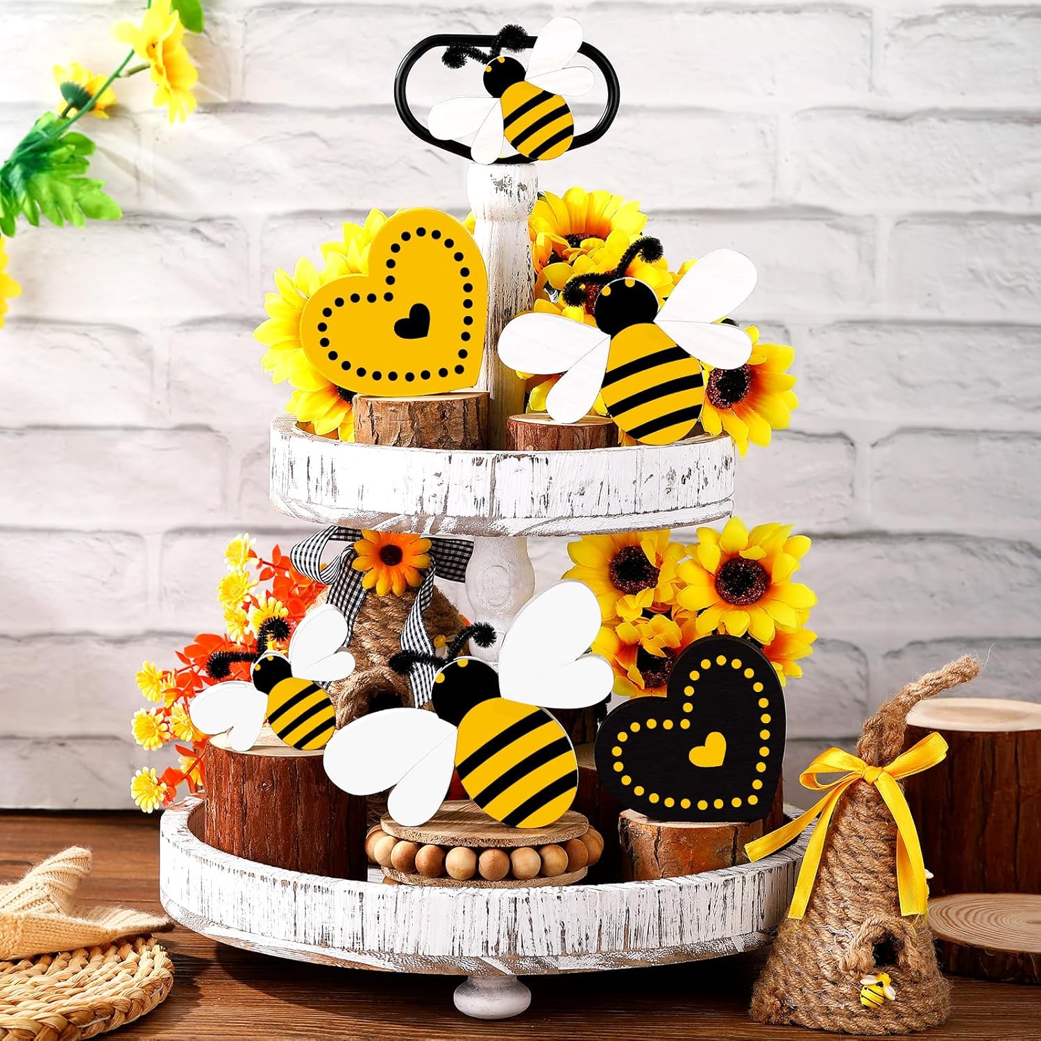 6 piezas de bandeja escalonada de abeja, letrero de madera con forma de corazón de abeja, decoración rústica de abeja, centro de mesa de madera de