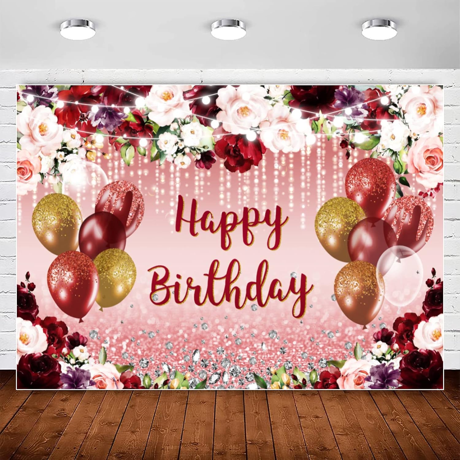 InMemory Telón de fondo floral burdeos de feliz cumpleaños para mujer, globos de oro rosa con purpurina, fondo de fotografía de cumpleaños, flor