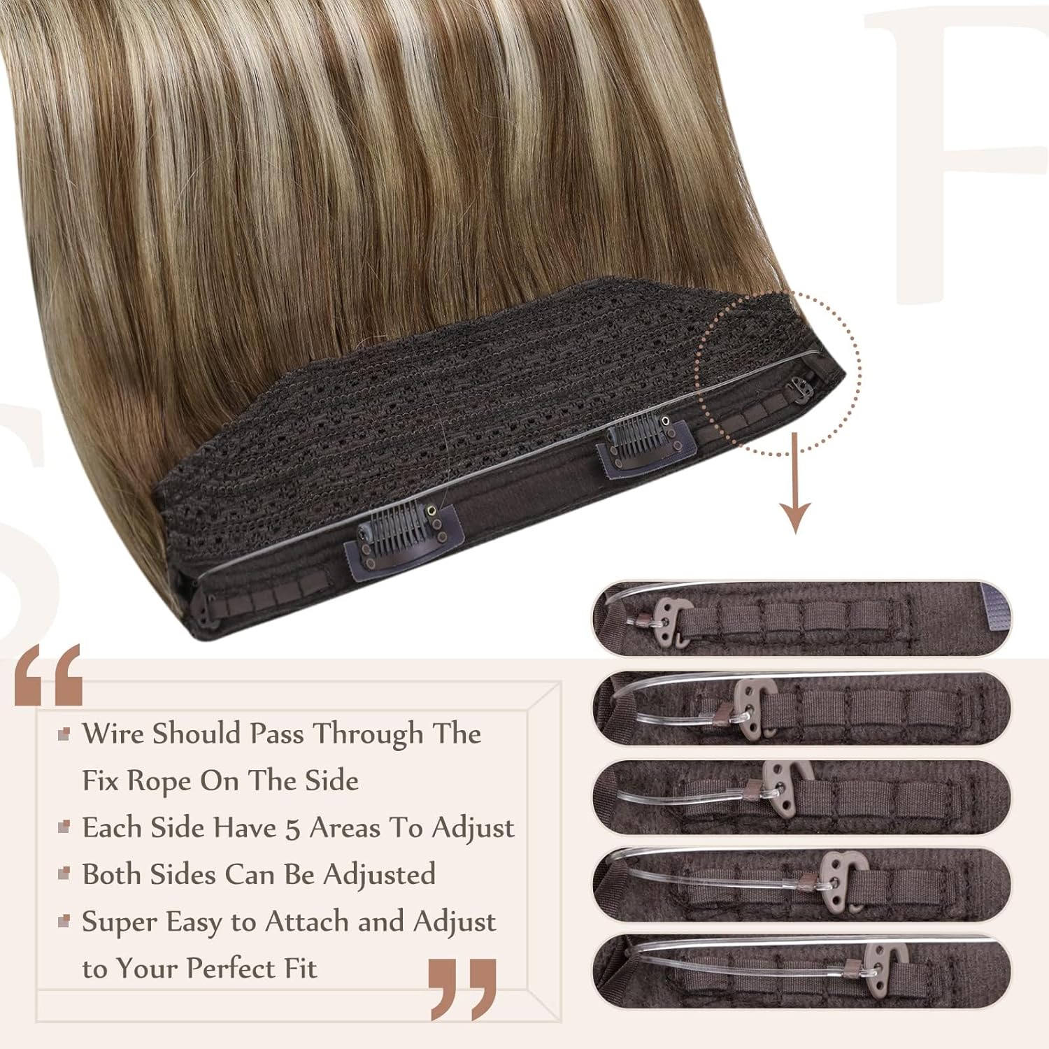 Fshine – Extensiones de cabello humano con alambre invisible, castaño degradado #6606, con hilo de nailon, 20 pulgadas, castaño a rubio platino,