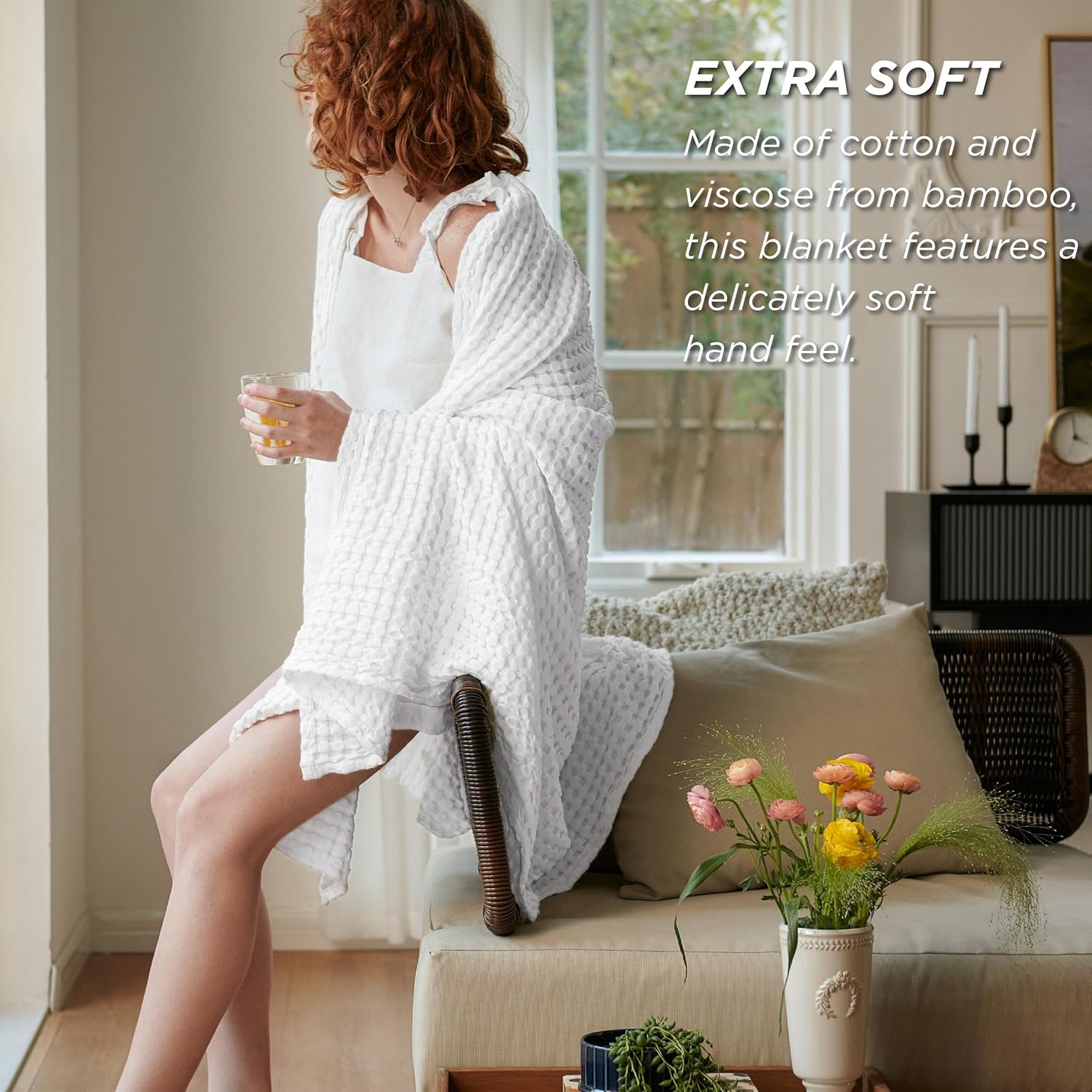 Bedsure Manta refrescante de algodón con diseño gofre, ligera y transpirable de rayón derivado del bambú, para personas que duermen con calor, manta