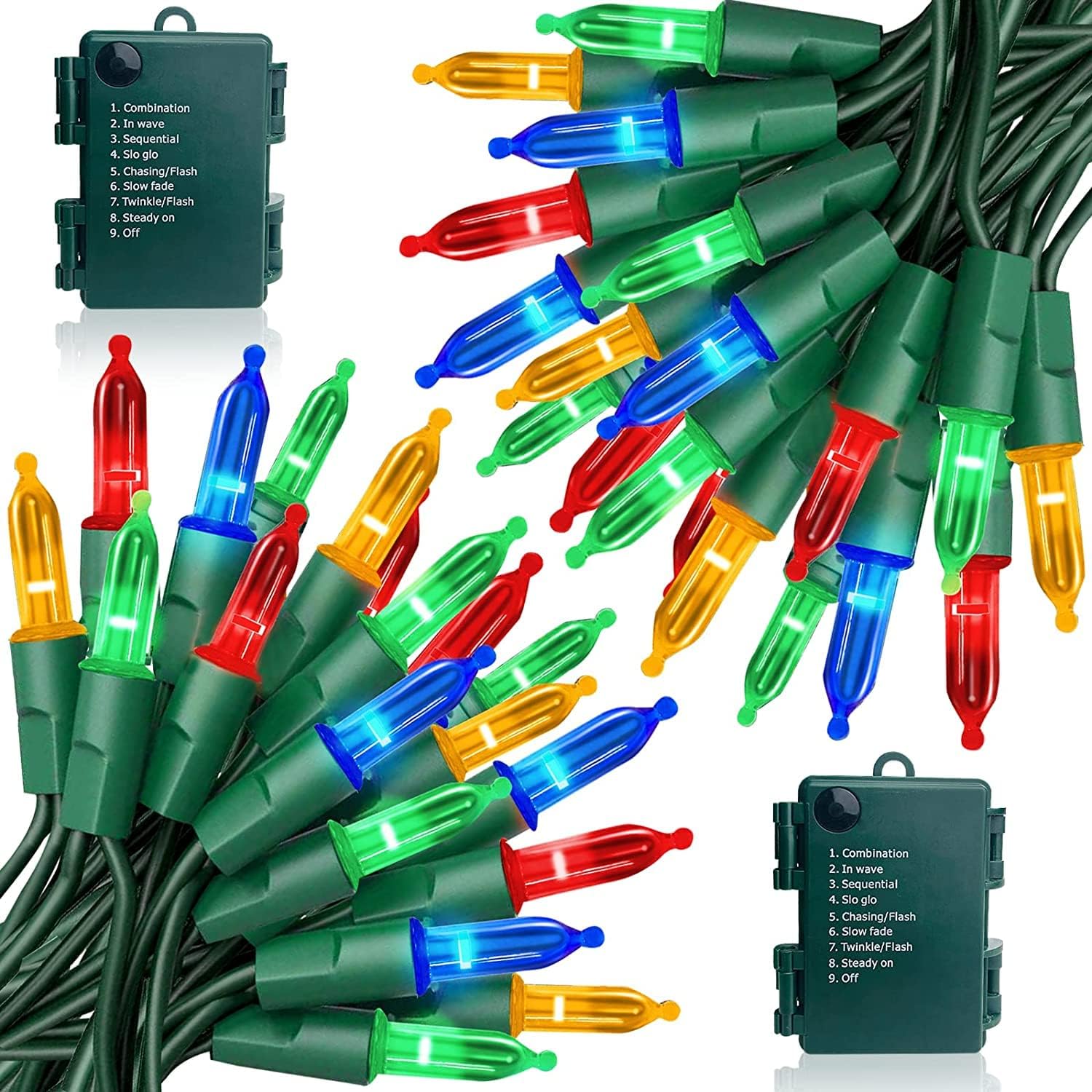 TURNMEON Paquete de 2 luces con temporizador y 8 modos miniluces de Navidad, total de 100 luces LED de 33 pies, funciona con pilas, impermeables,