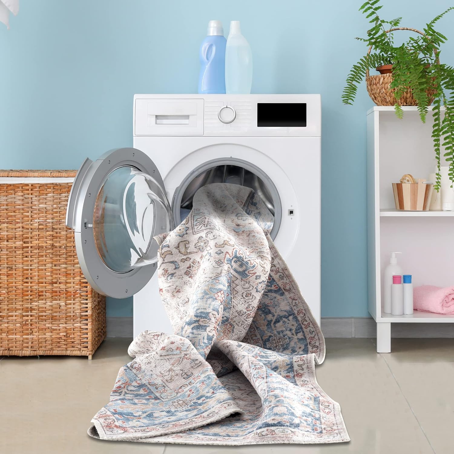Bloom Rugs – Alfombra caminera Caria lavable, antideslizante, de 3,66 m, color beige y azul océano, para entrada, pasillo, baño y cocina, tamaño