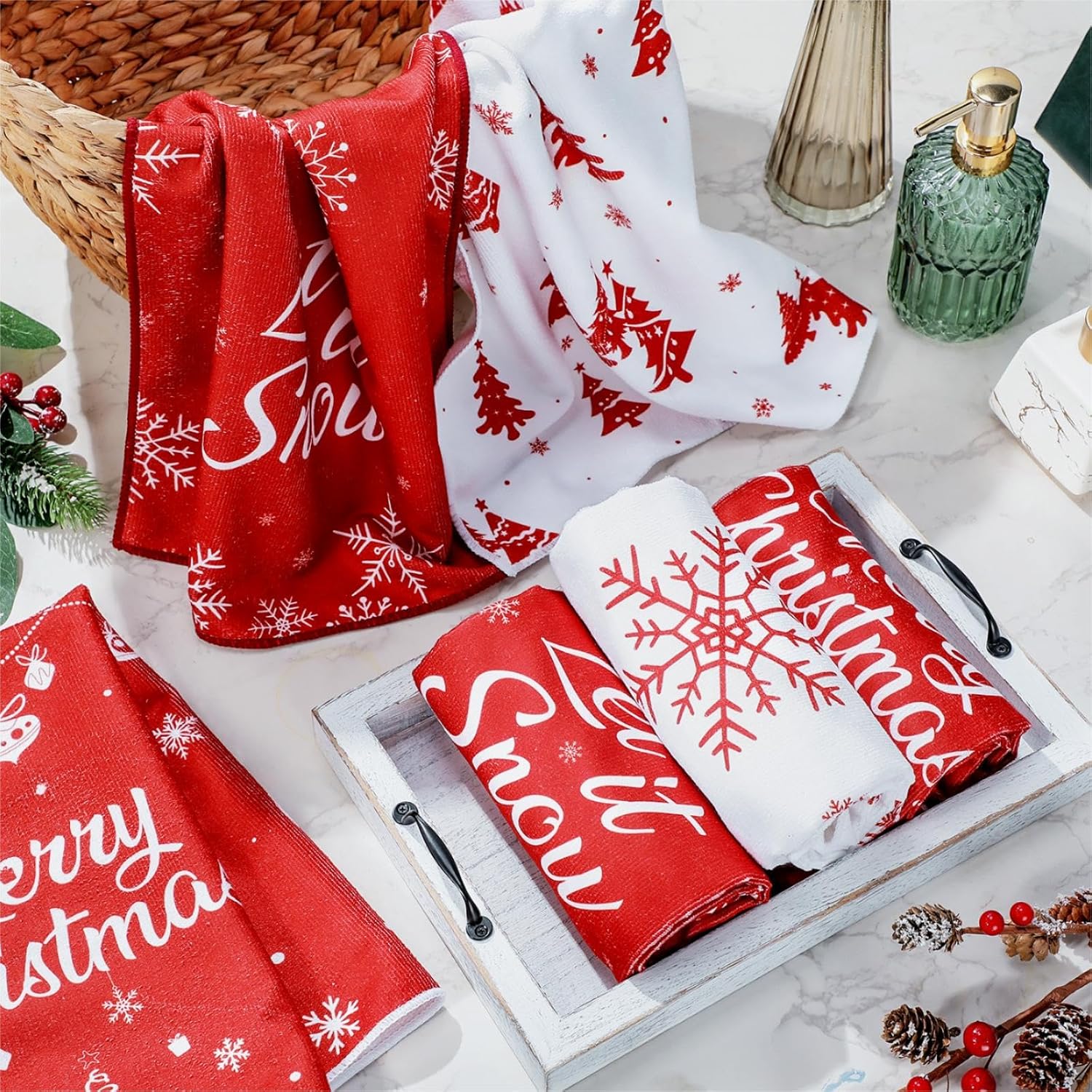 Boao 8 paños de cocina de Navidad decorativos con copos de nieve y campanas de árbol de Navidad, paños de cocina de 15 x 25 pulgadas, absorbentes de