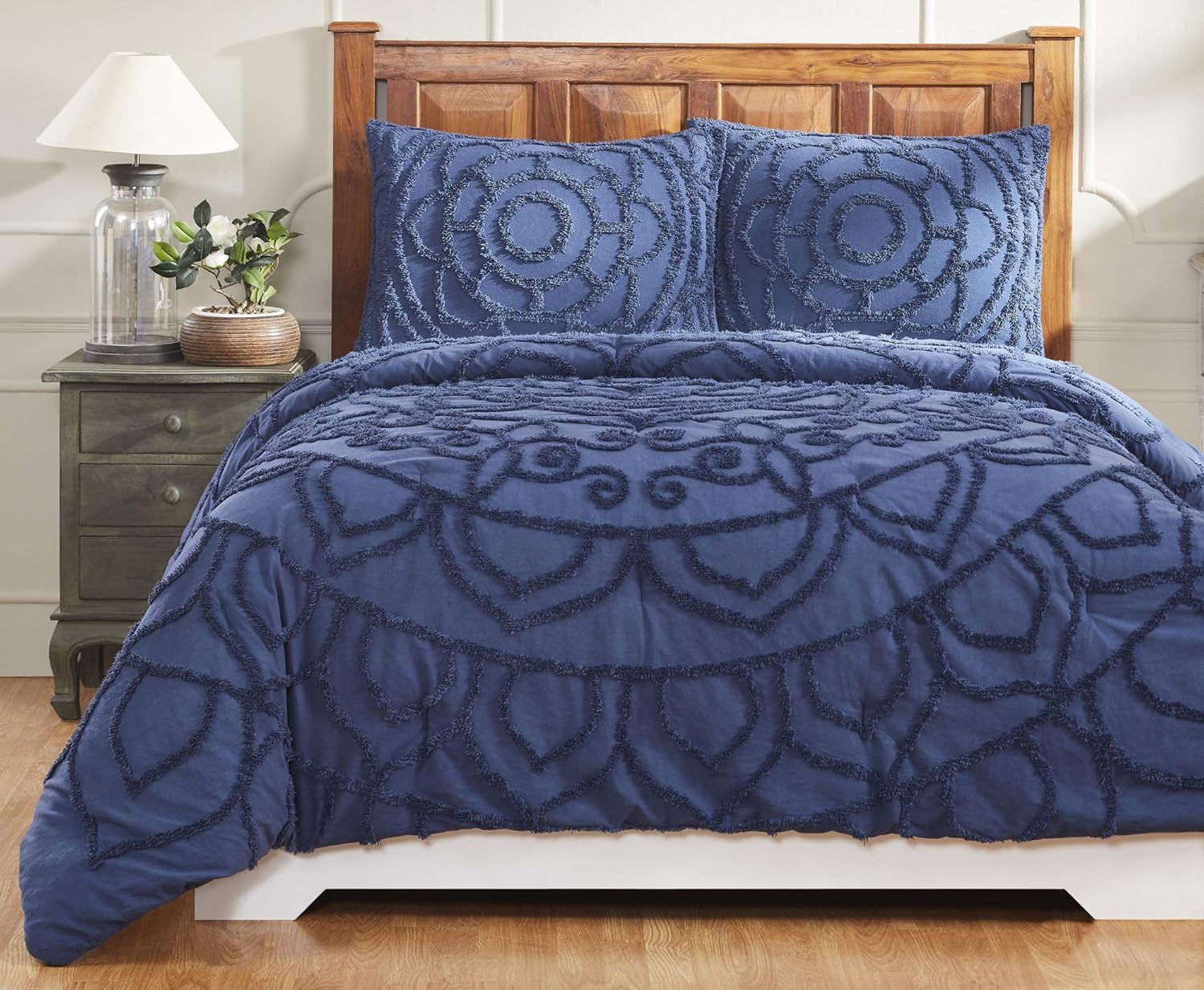 Better Trends Colección de edredón de cama 100% algodón, diseño Cleo en azul marino, edredón tamaño King  Juego de edredón de cama lujoso, edredón