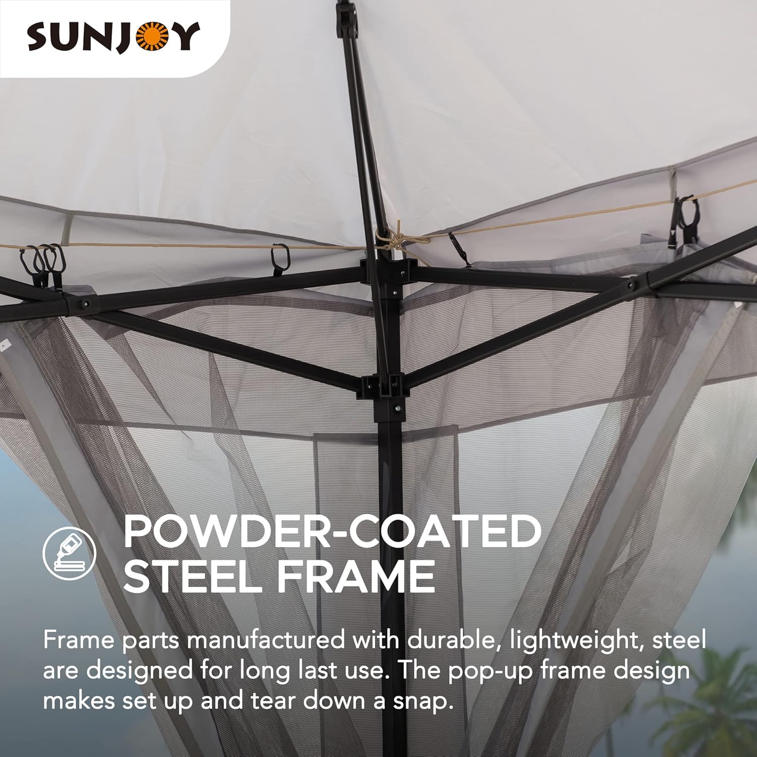 Sunjoy Cenador instantáneo desplegable de 11 x 11 pies, marco de acero portátil para exteriores, toldo superior de 2 niveles con malla y bolsa de
