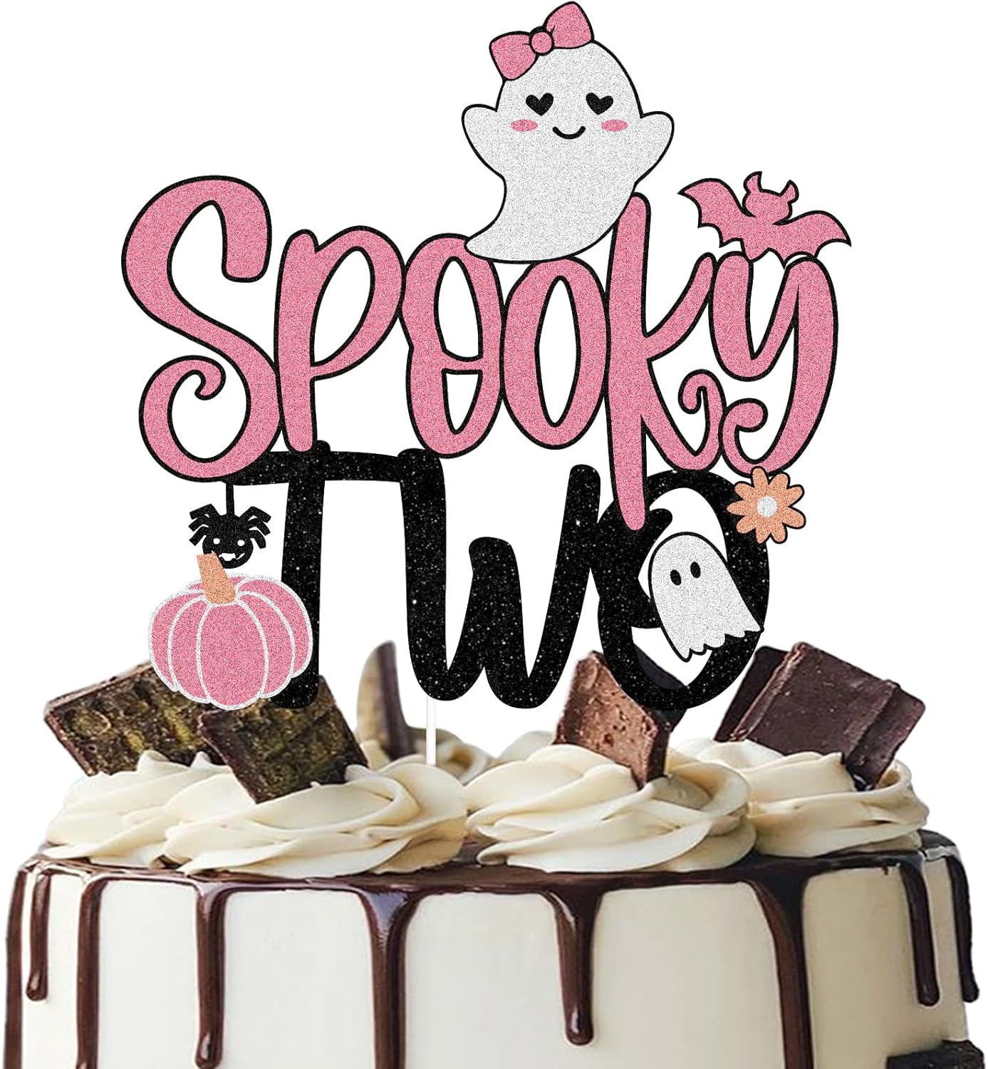 Spooky Two Halloween Happy 2nd Birthday Cake Topper  Boo I’m Two Spooky Ghost Pink Glitter Cake Topper  Feliz segundo cumpleaños fiesta para niña